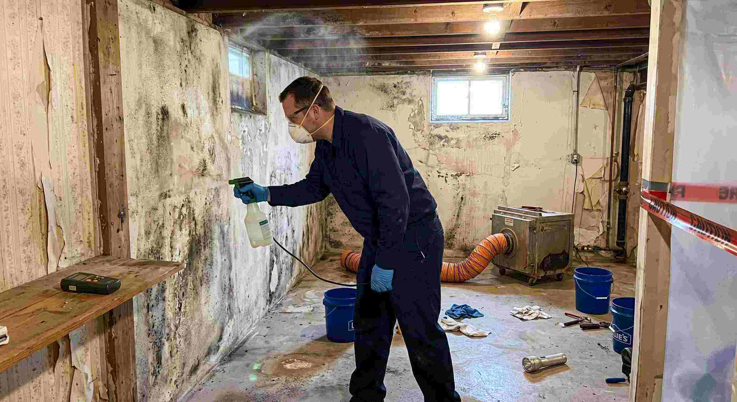 Professional technician performing antimicrobial mold treatment in a damp basement during mold remediation in a home in Chesapeake.