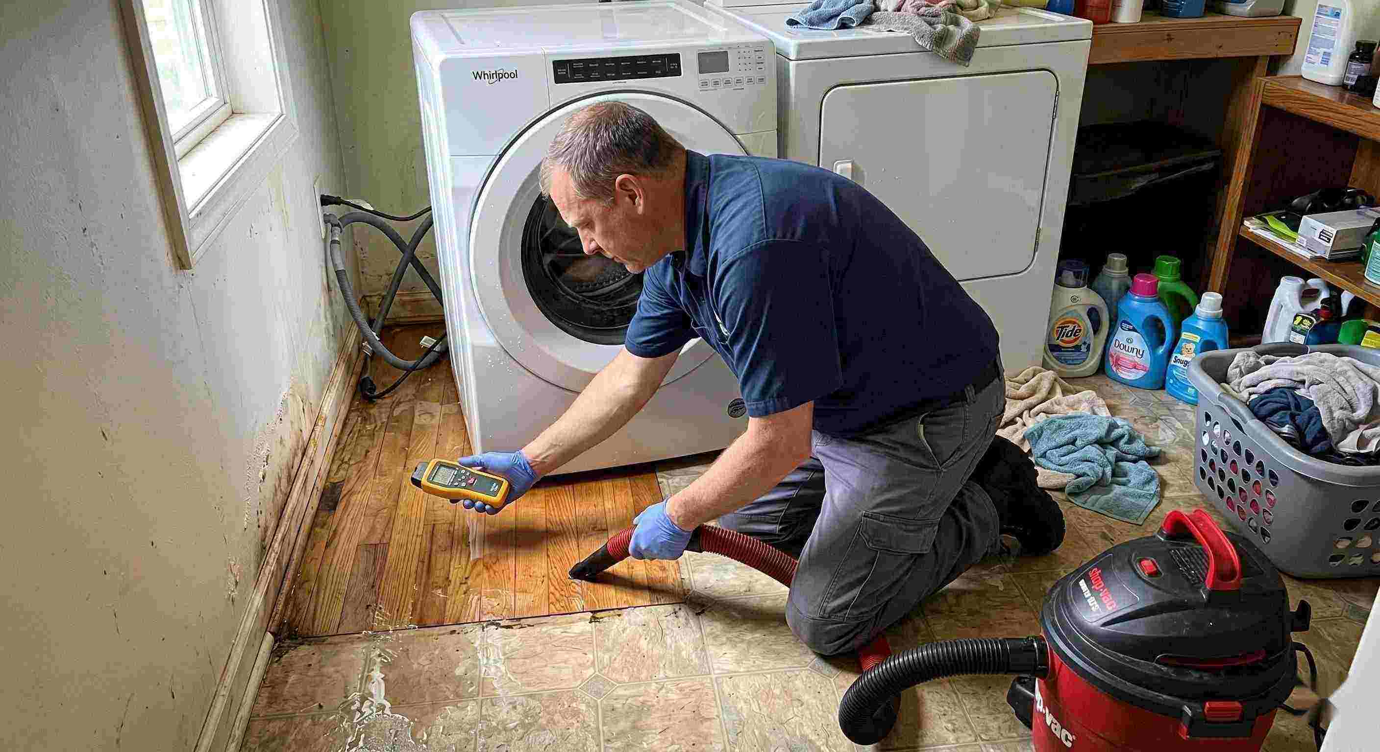 Appliance leak cleanup in a home laundry area with water pooling around the washing machine, showing technicians removing water and inspecting damp floors in Chesapeake.