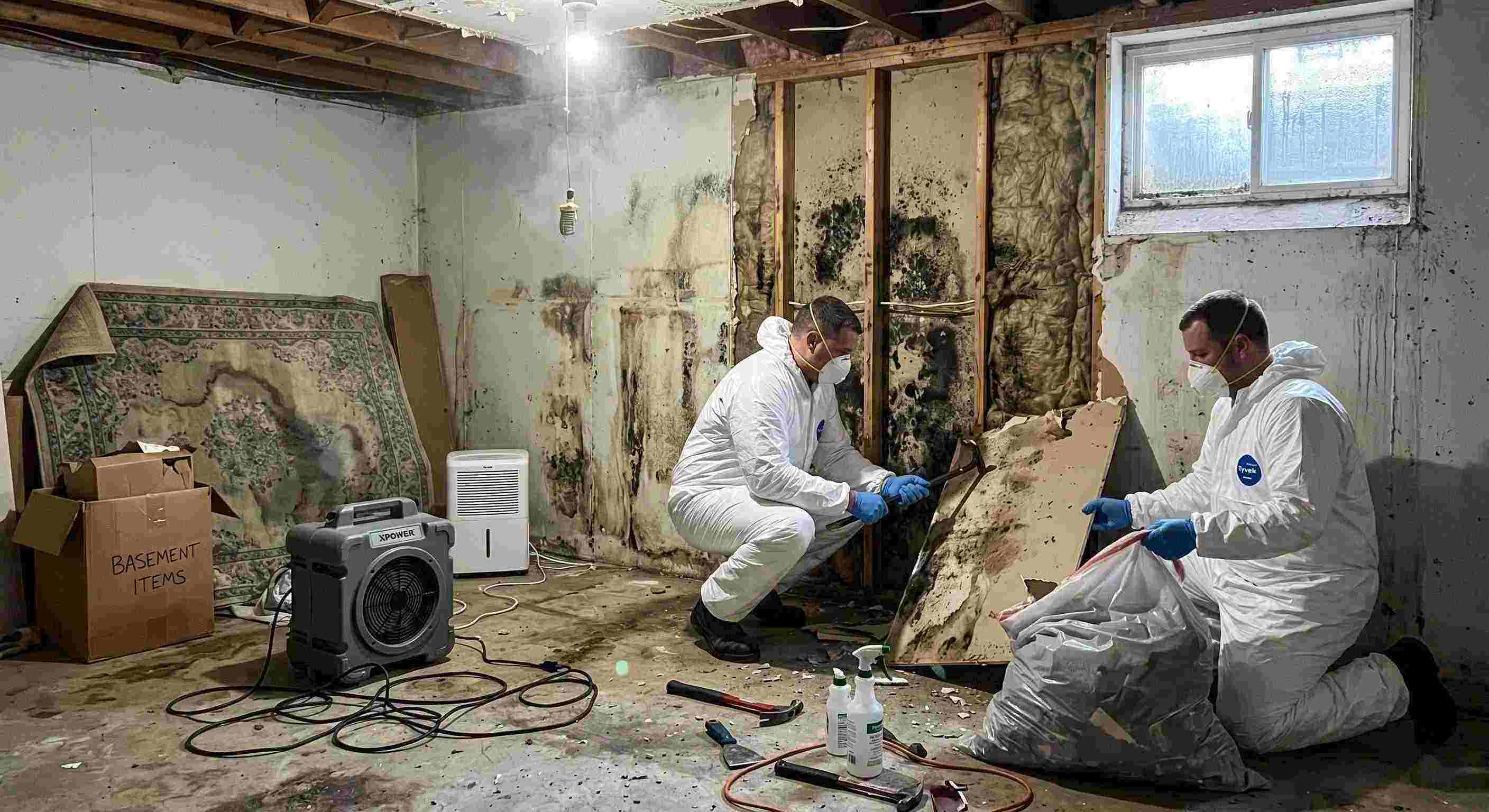 Realistic basement mold removal in a home in Chesapeake, showing technicians safely removing black mold and using dehumidifiers and HEPA air scrubbers.