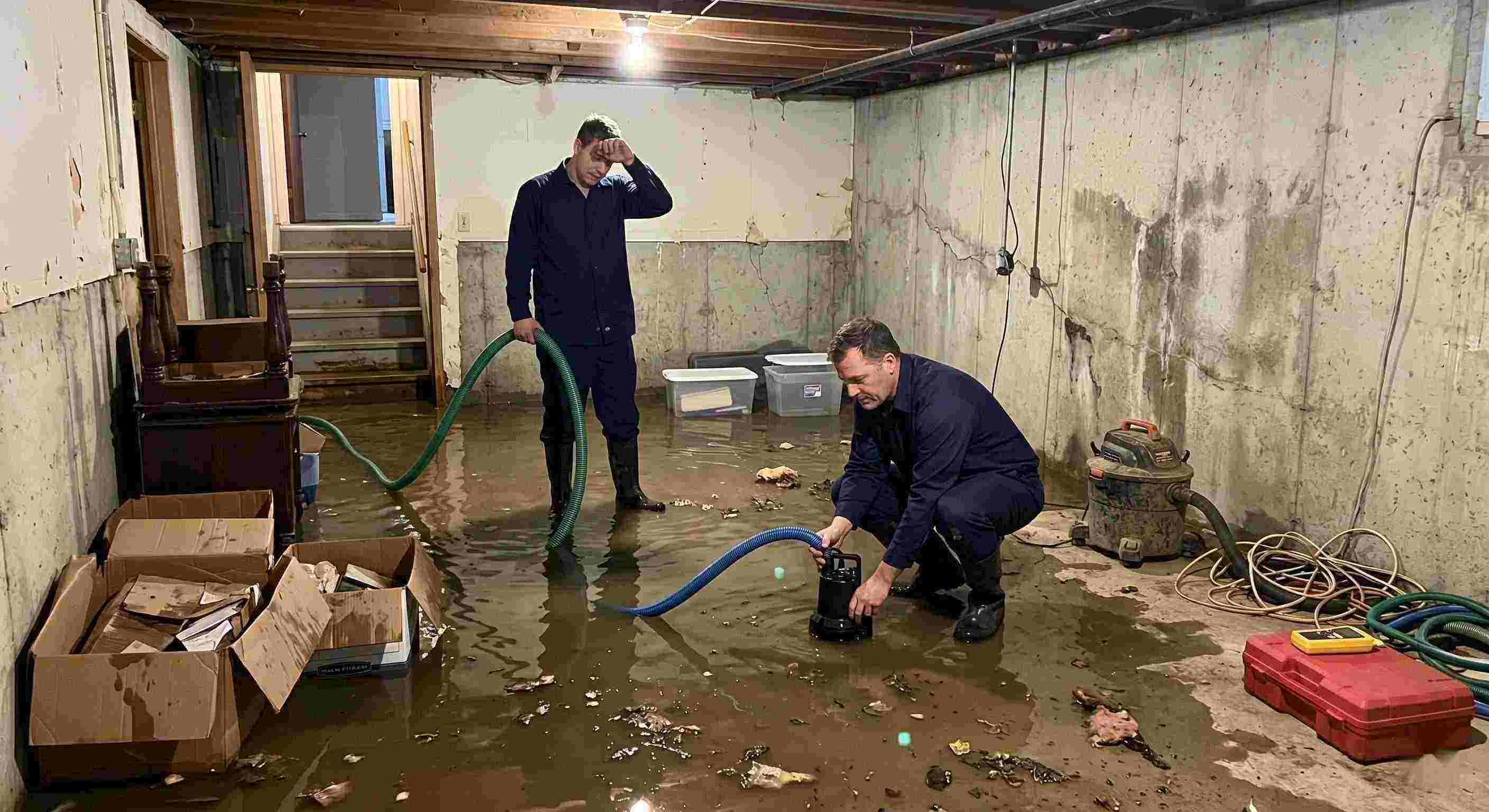 basement water removal service in Chesapeake with technicians pumping out flooded basement