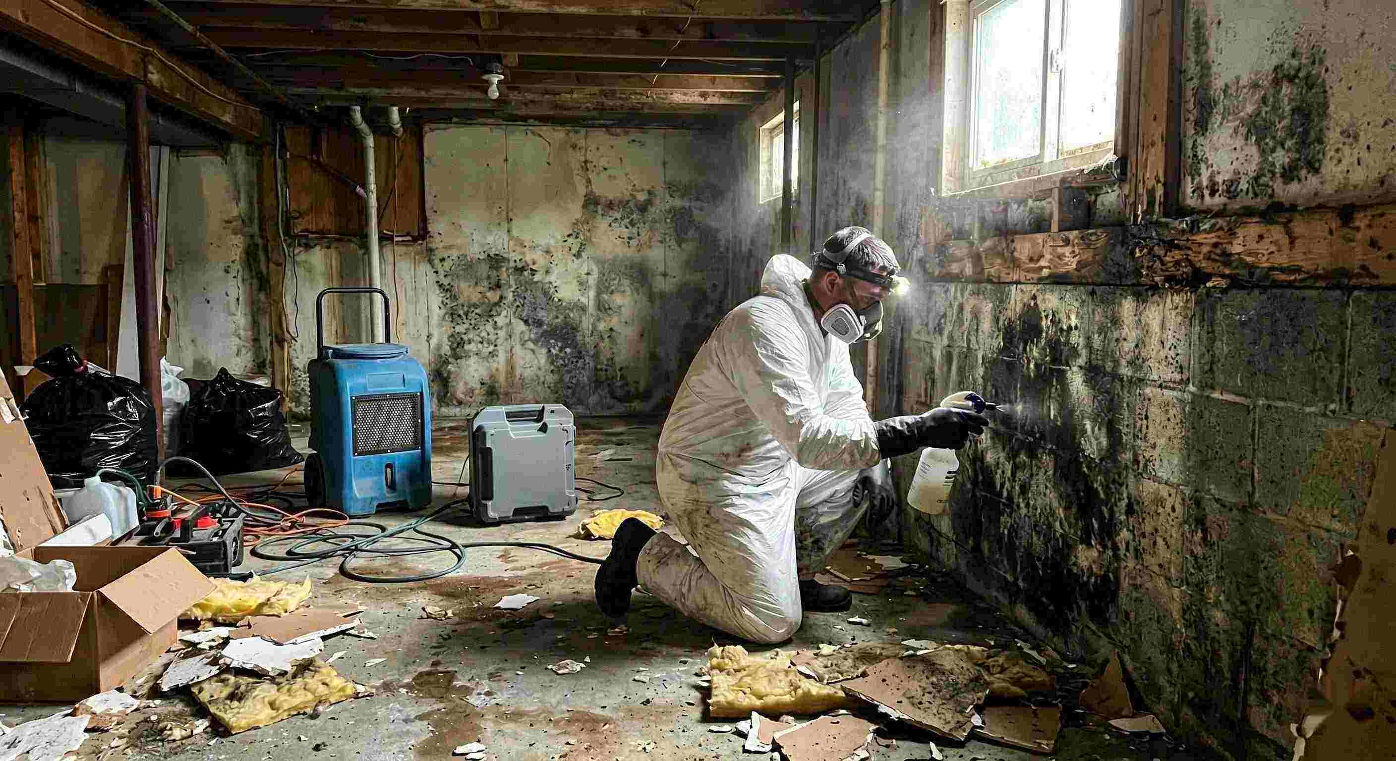 Technician performing black mold cleanup in a damp residential basement in Chesapeake, showing removed drywall, mold patches, and remediation equipment.
