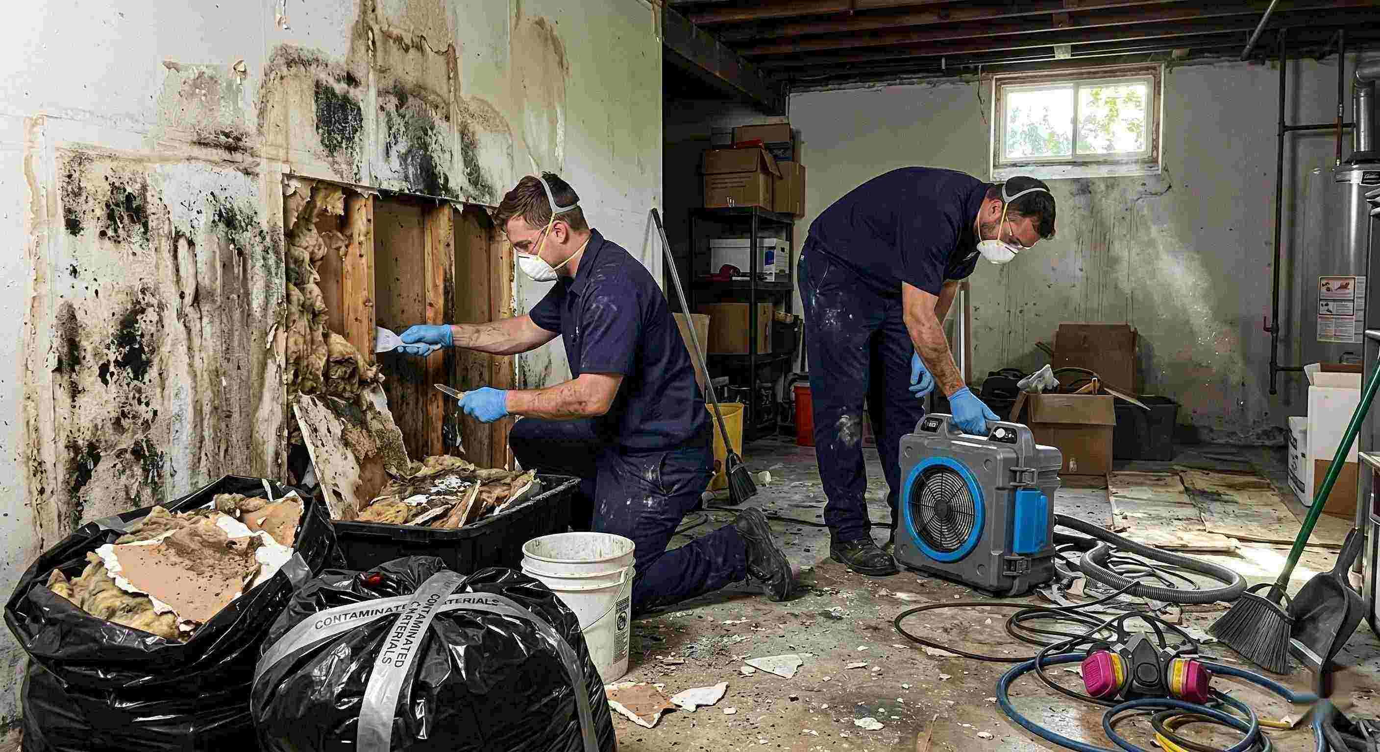Technicians performing black mold cleanup in a damp residential basement in Chesapeake, carefully removing contaminated drywall and insulation.