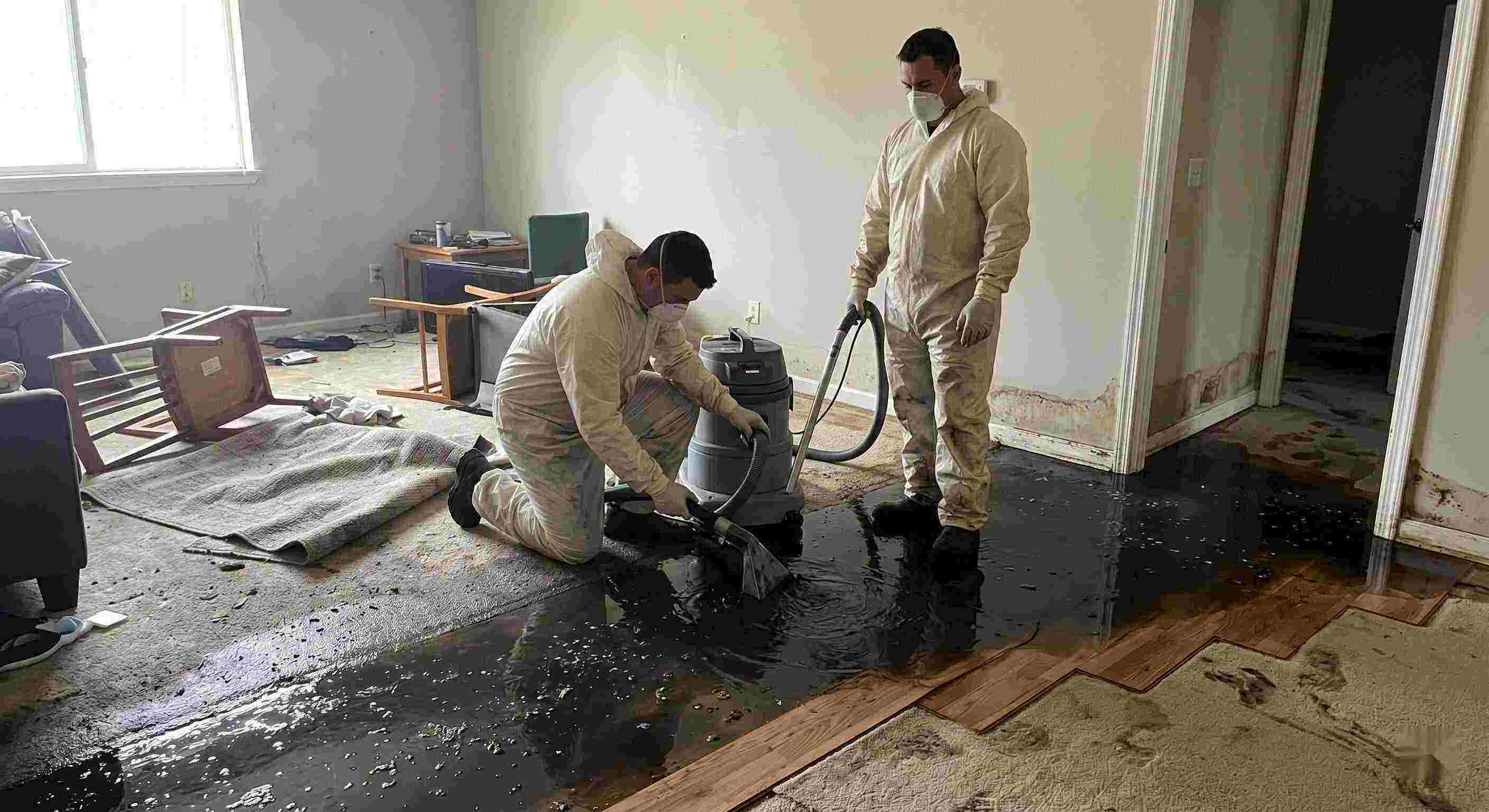 Black water removal service in Chesapeake showing technicians extracting contaminated sewage water from flooded home interior