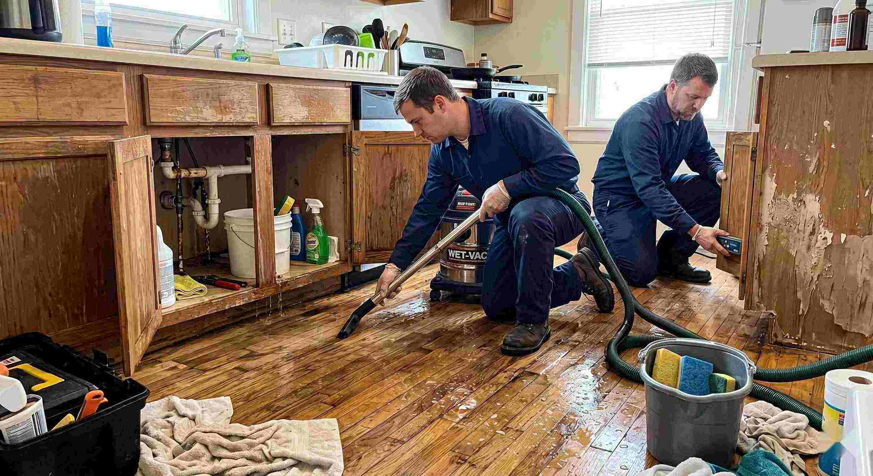 Realistic photo of technicians performing burst pipe water damage cleanup in a home in Chesapeake, removing standing water and inspecting wet floors and walls.