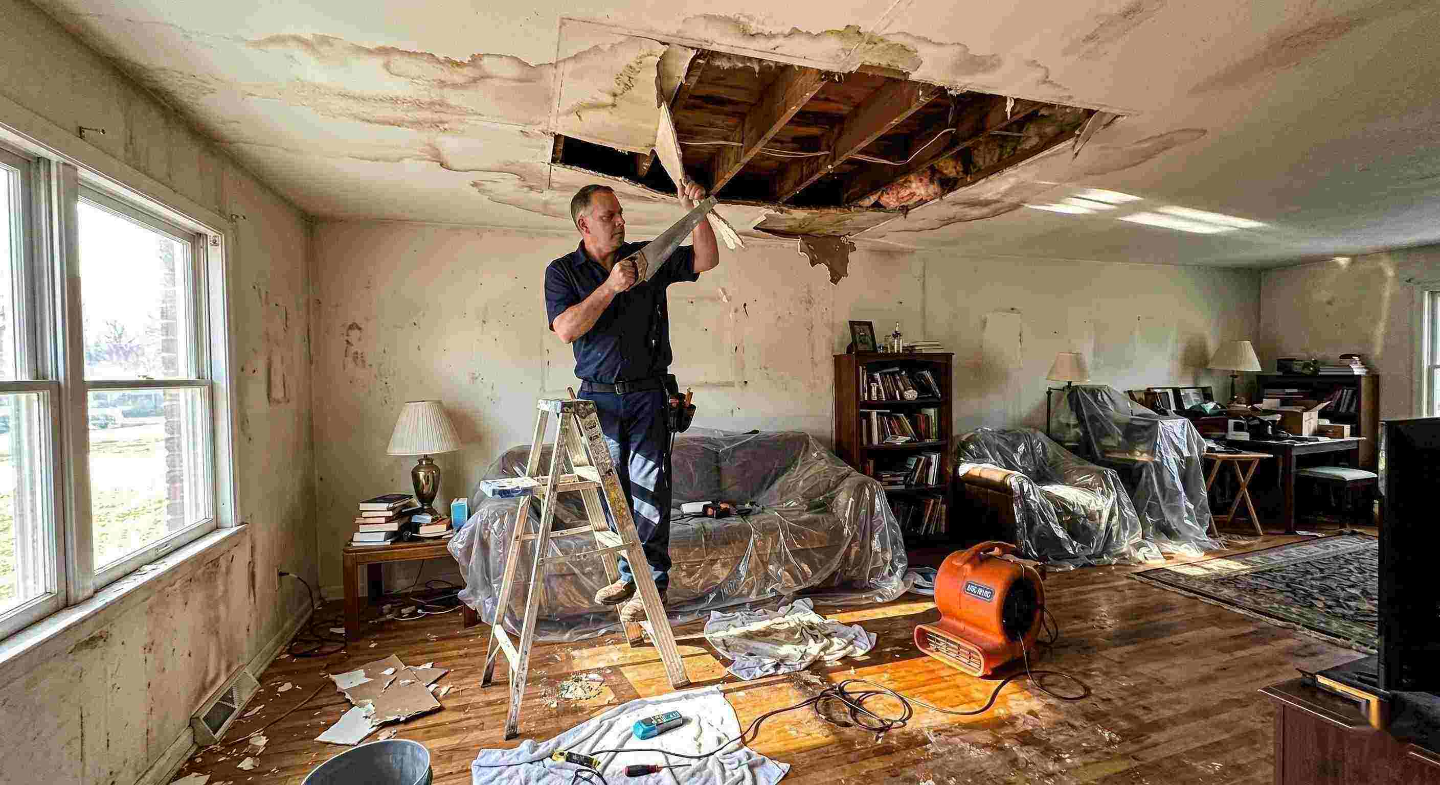 Realistic indoor scene of technicians performing ceiling leak repair in a home in Chesapeake, showing water-damaged ceiling, tools, and drying equipment.