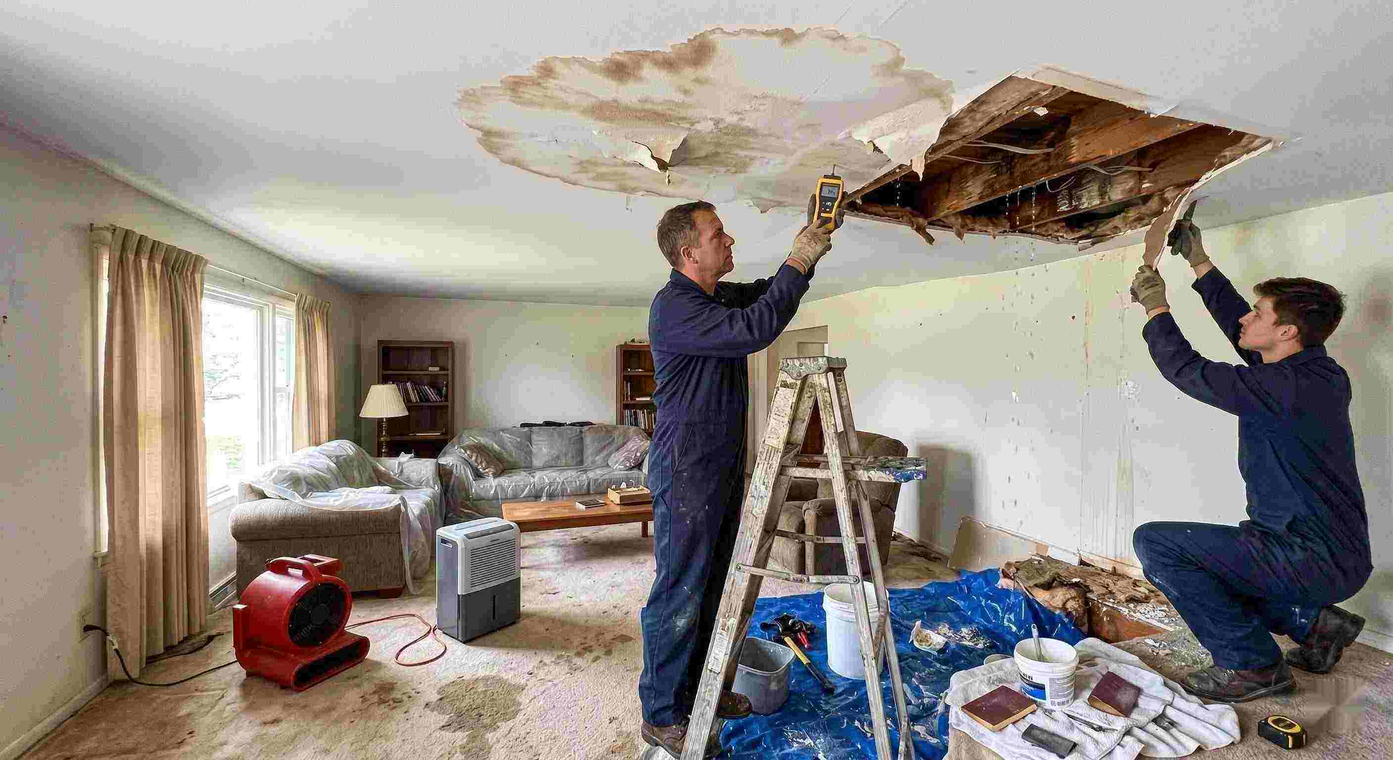 Realistic residential ceiling leak repair scene with technicians using moisture meters and air movers to fix water damage in a home in Chesapeake.