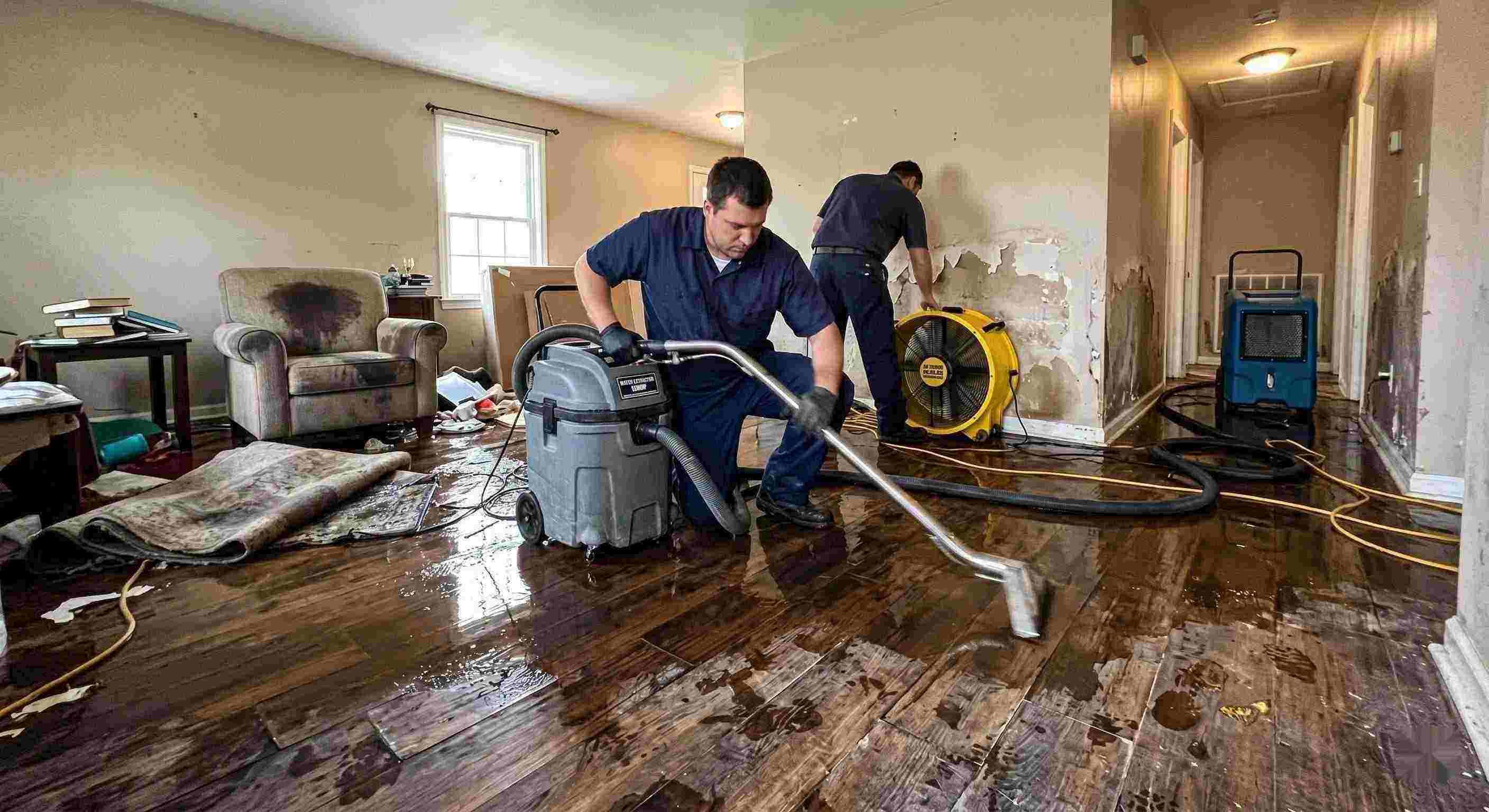 Expert emergency water damage restoration technicians removing water from flooded home in Frederick