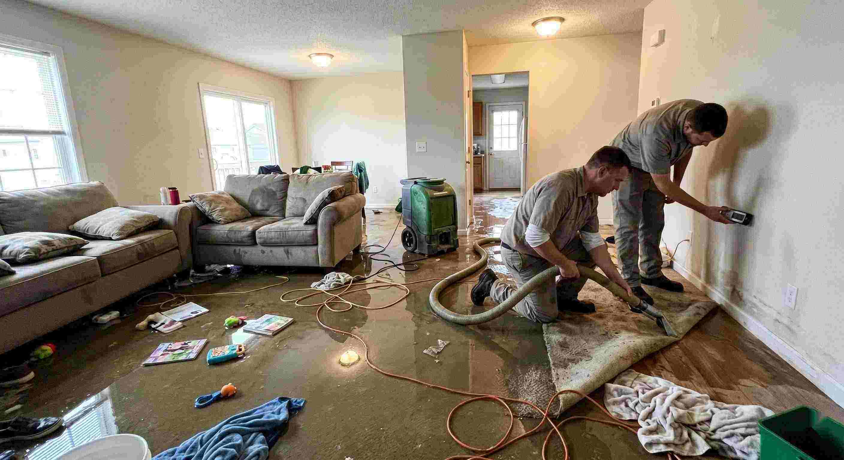 Emergency water removal technicians extracting water from flooded living room in Chesapeake