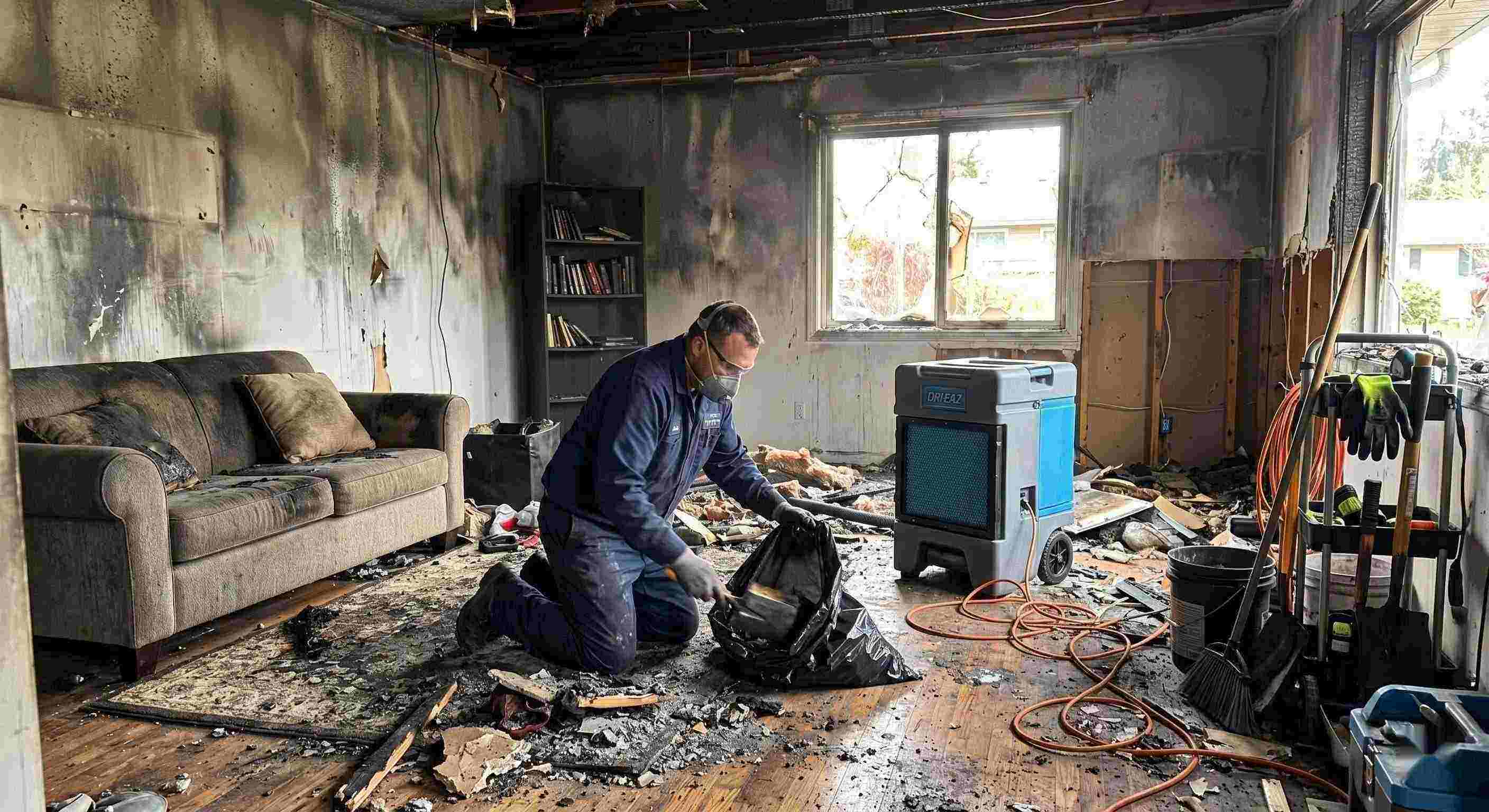 Fire damage cleanup scene with technician removing debris from a home affected by fire in Chesapeake
