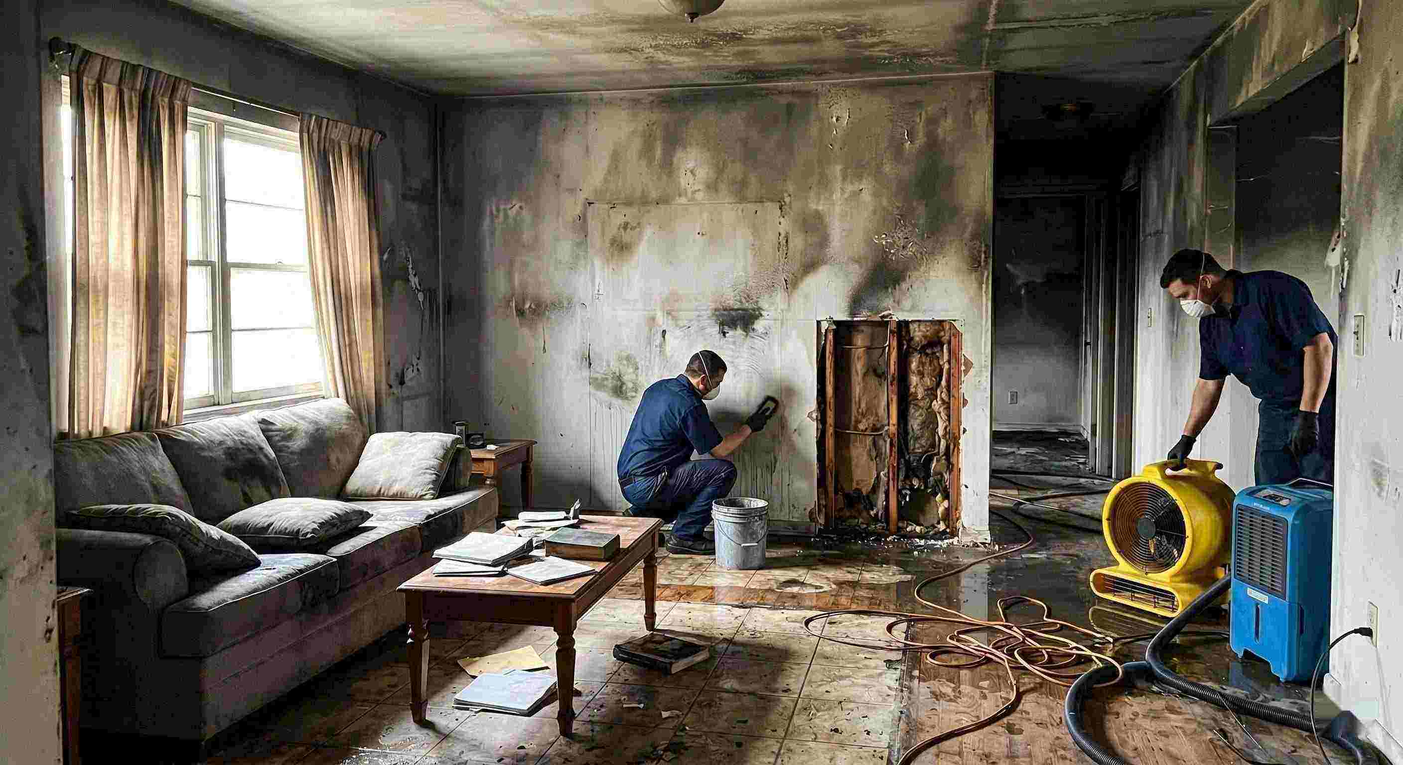 Expert fire damage restoration cleanup with technicians removing soot and drying water damage in home Frederick