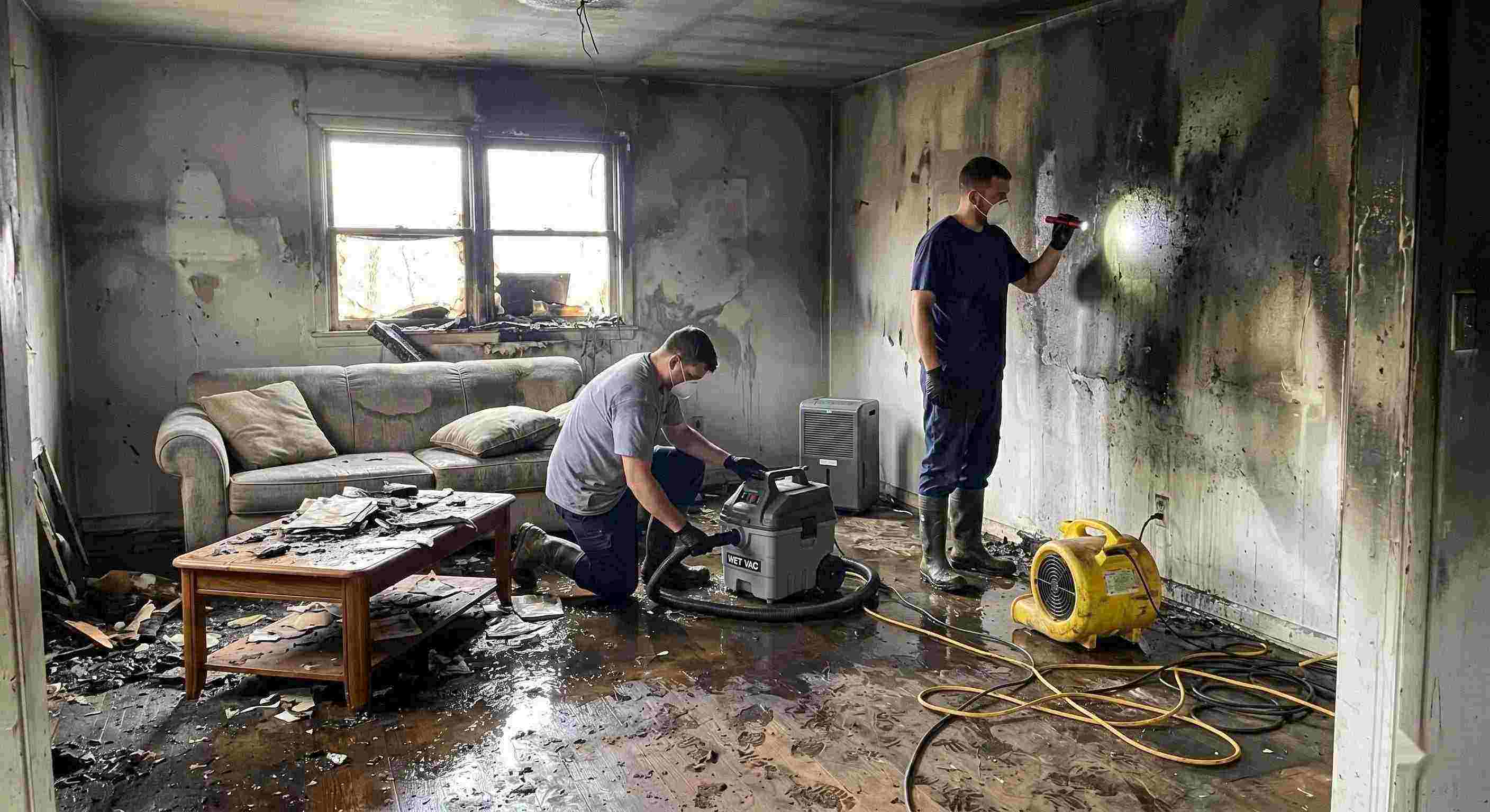 Top-rated fire damage restoration cleanup with water removal and smoke damage repair in Frederick home