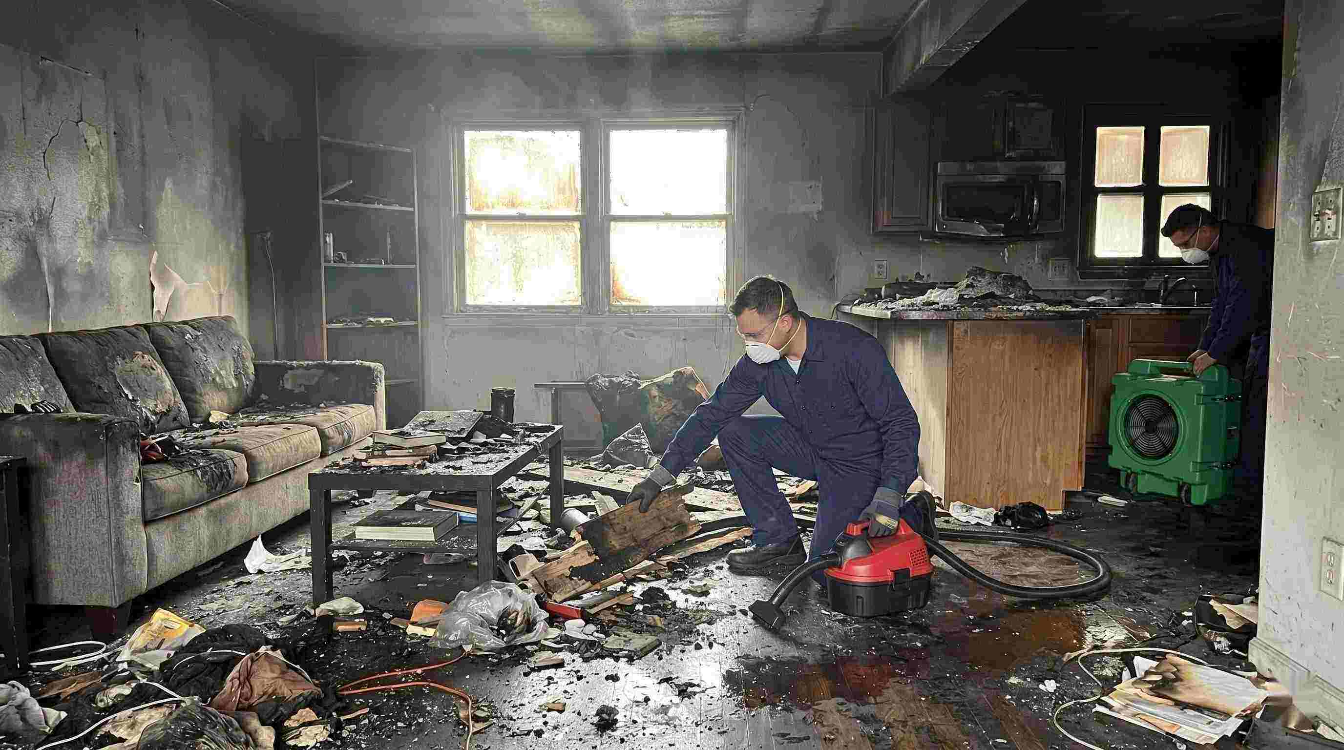 Realistic image showing extensive fire damage in a home with soot, debris, and smoke residue, captured during fire damage restoration in Chesapeake.