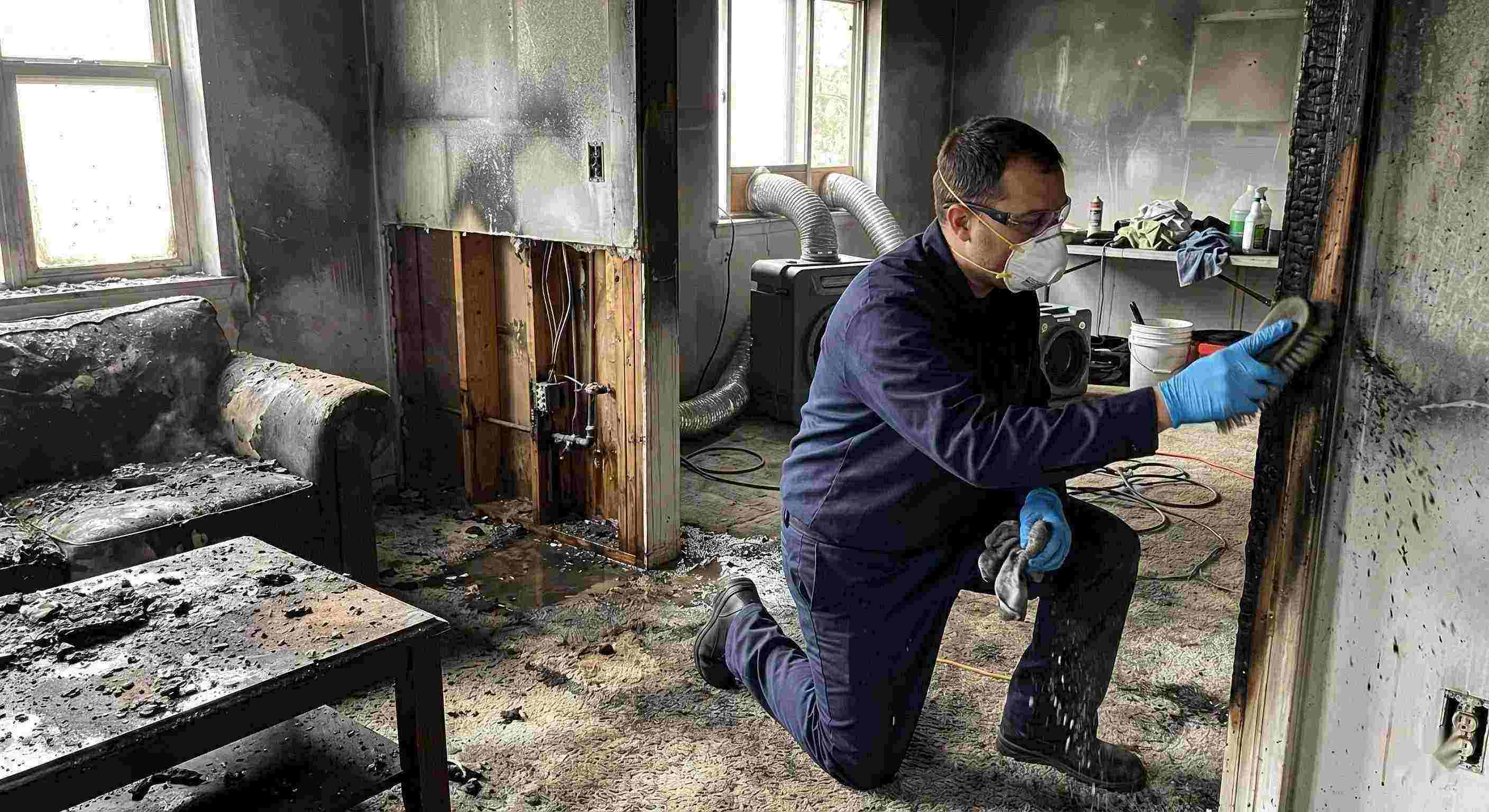 Action shot of a fire damage restoration technician cleaning soot and debris in a home damaged by fire in Chesapeake