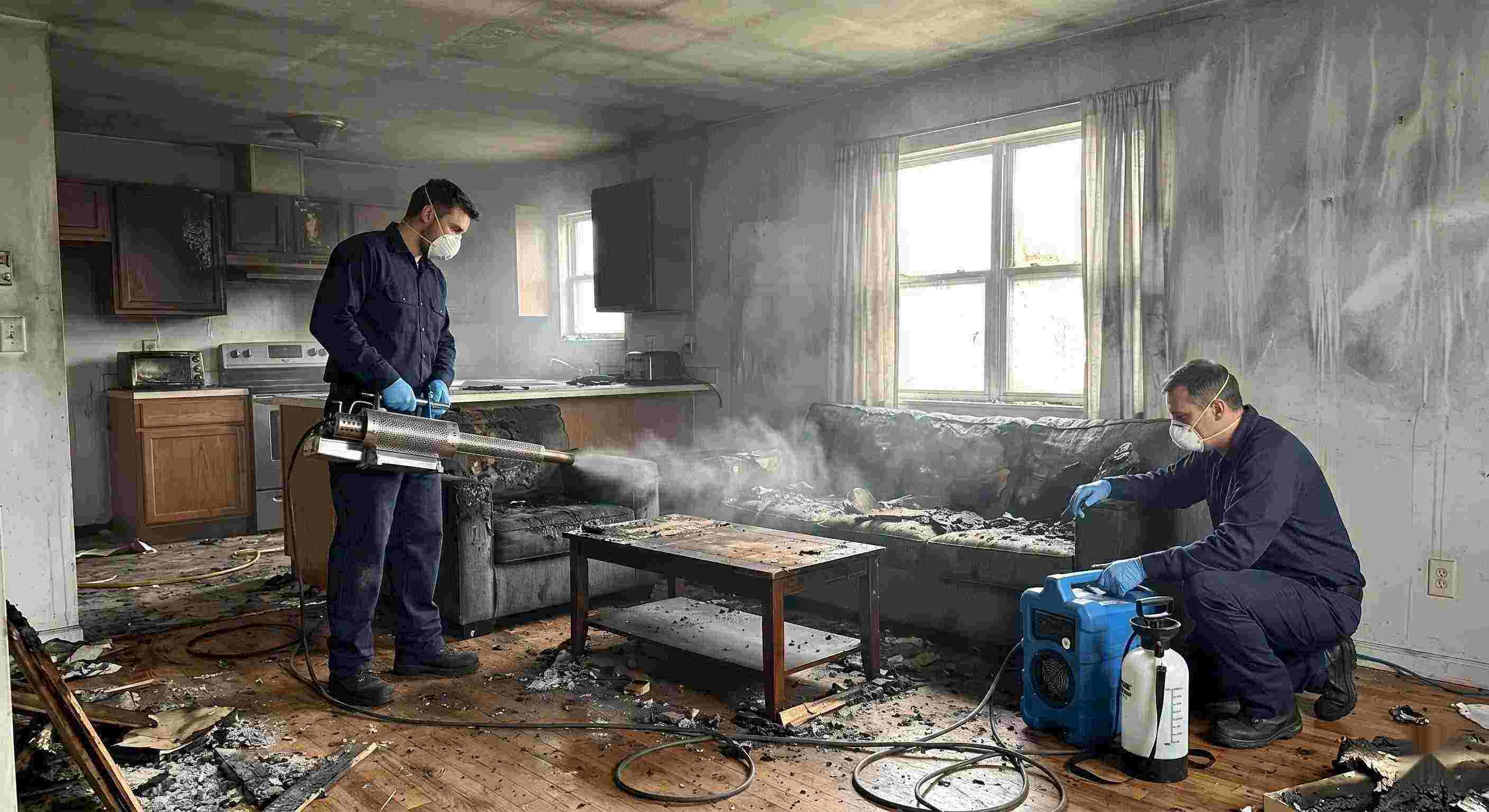 Fire odor removal service in a home showing technicians using thermal fogging equipment to eliminate smoke and soot odors in Chesapeake.