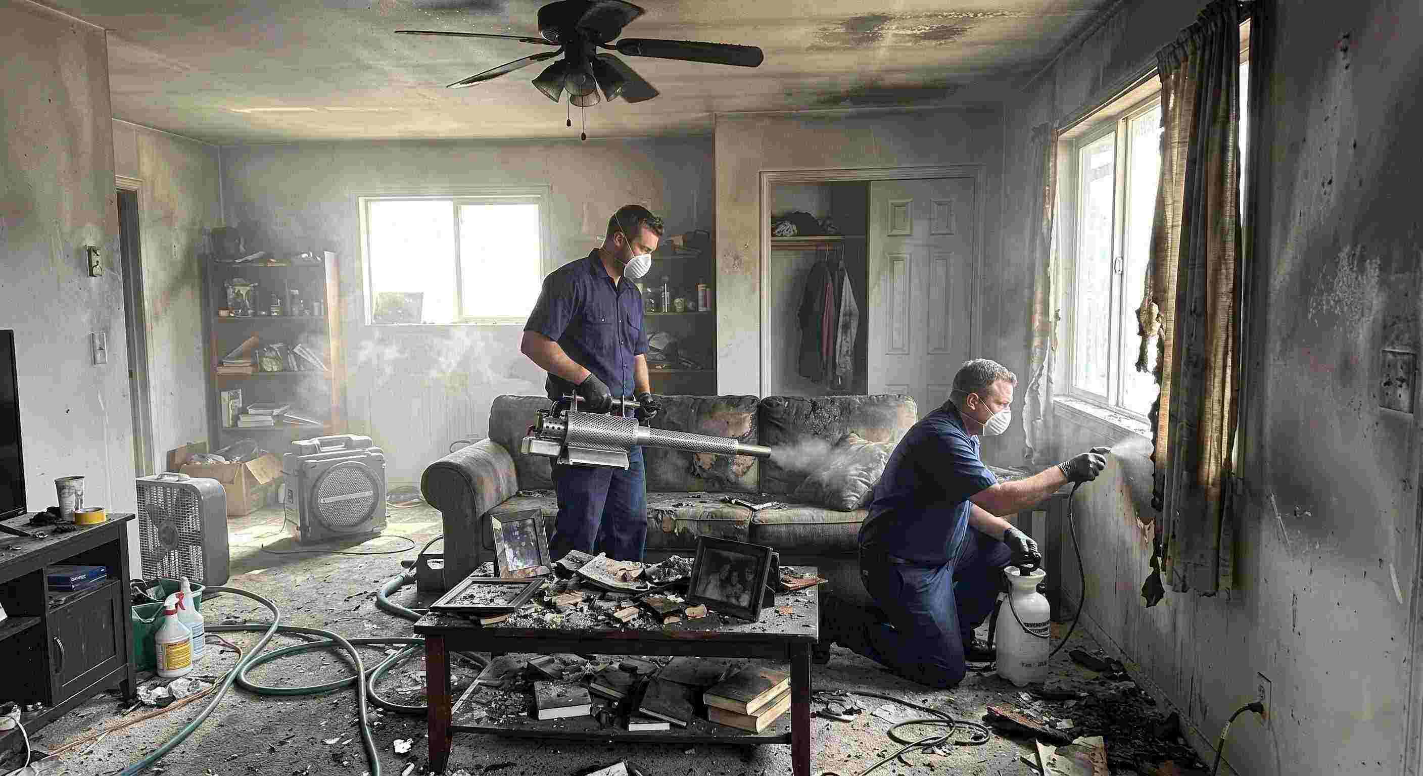 Fire damage restoration technicians removing smoke odors from a soot-stained home in Chesapeake, using thermal fogging and odor neutralization.