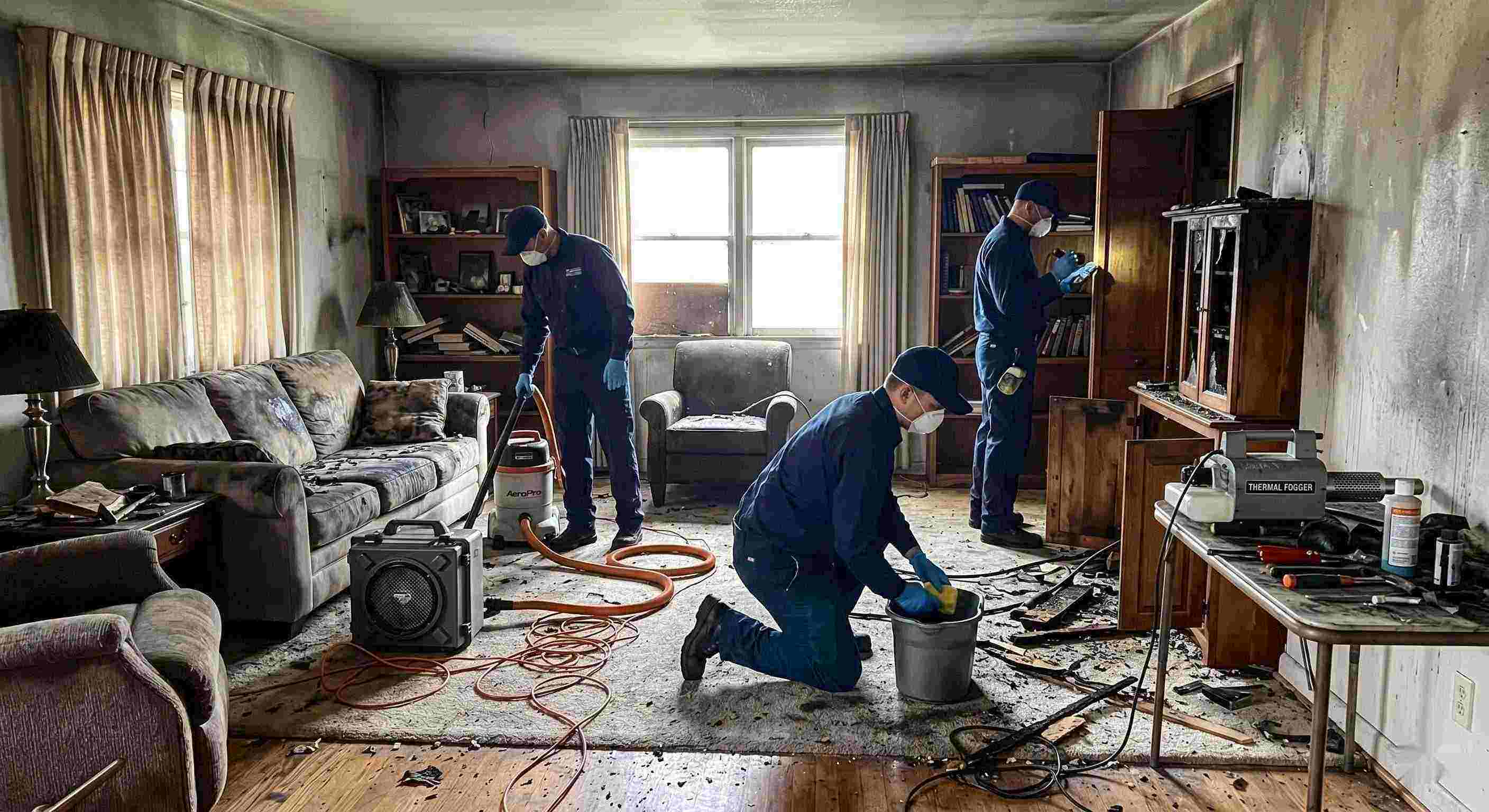 Photo of a fire restoration team using professional equipment to clean soot and smoke damage in a Chesapeake home, emphasizing trust and hands-on expertise.
