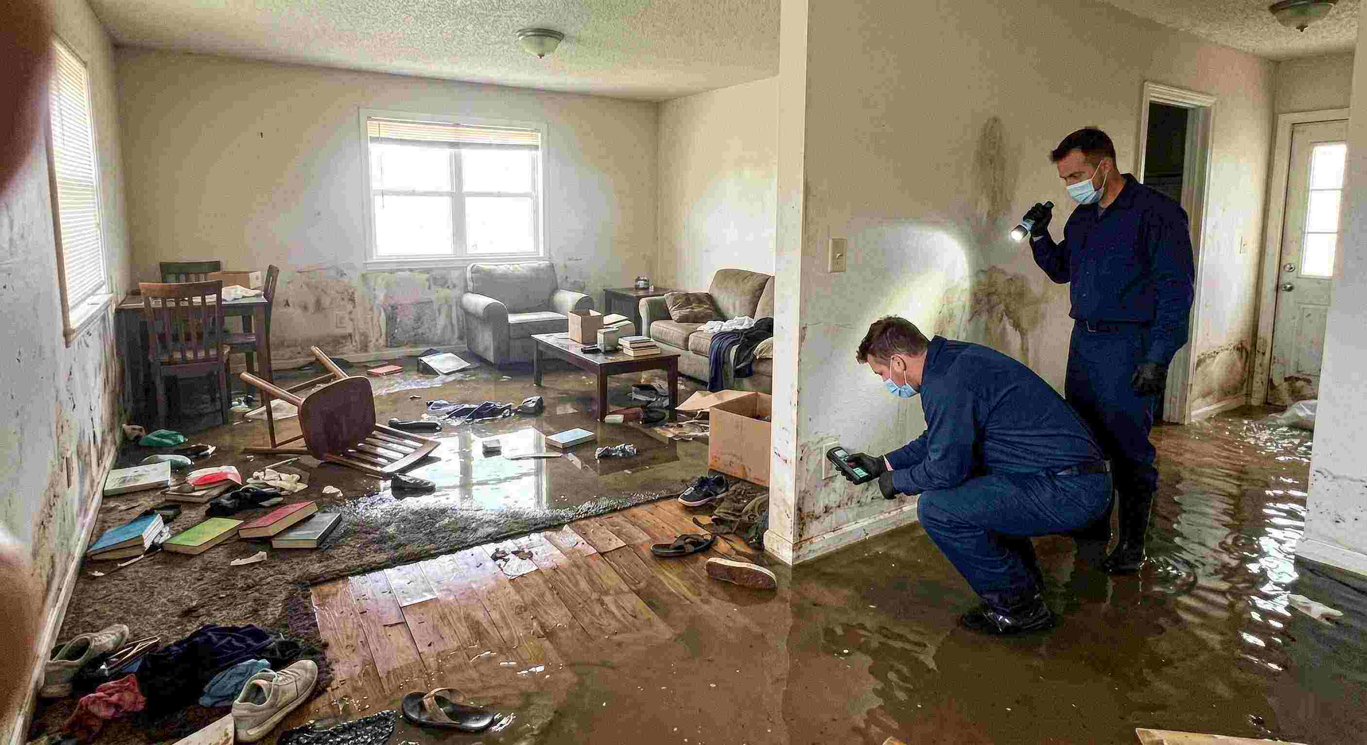 Severe home flooding with waterlogged floors, damaged furniture, and generic technician assessing the damage in Chesapeake
