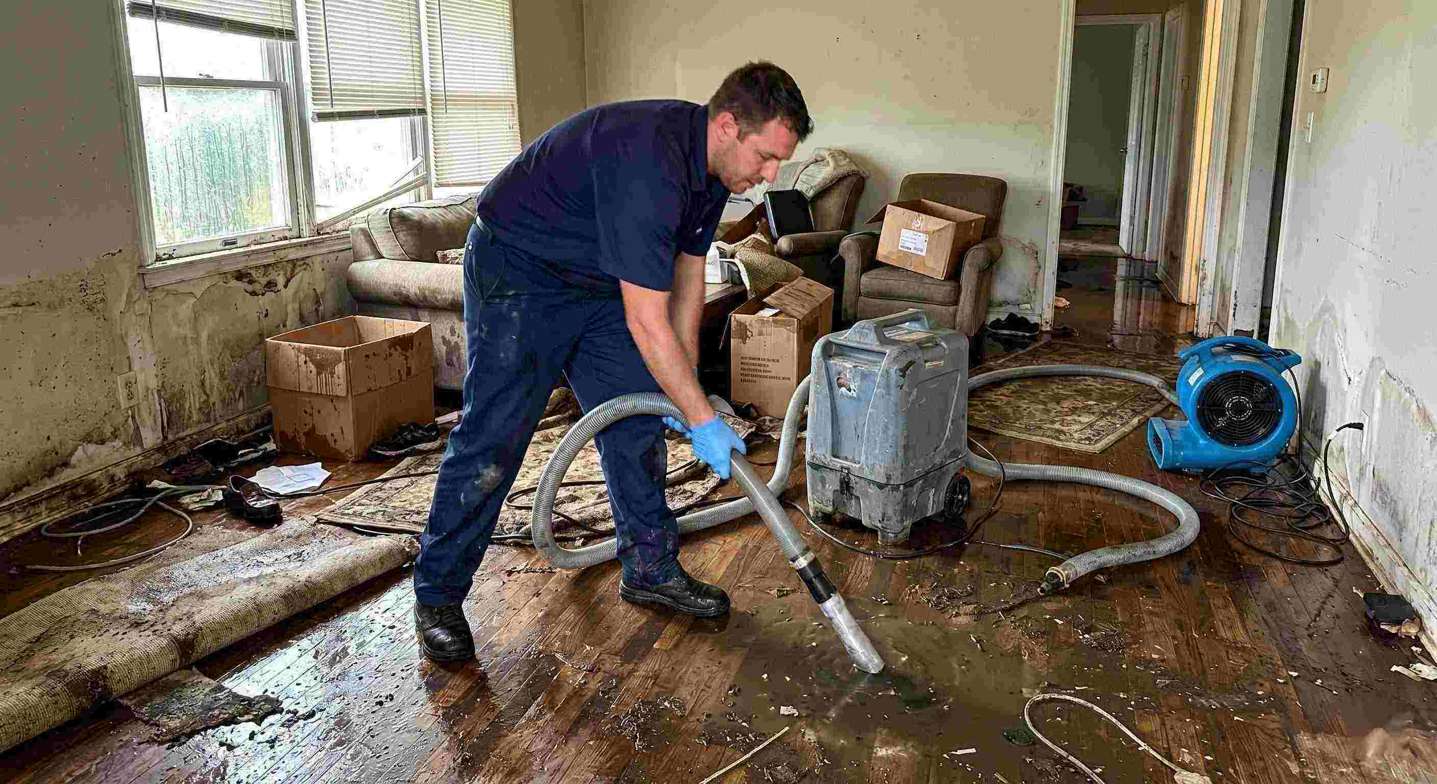 Action shot of a flood damage restoration technician removing standing water in a flooded home during the restoration process in Chesapeake.