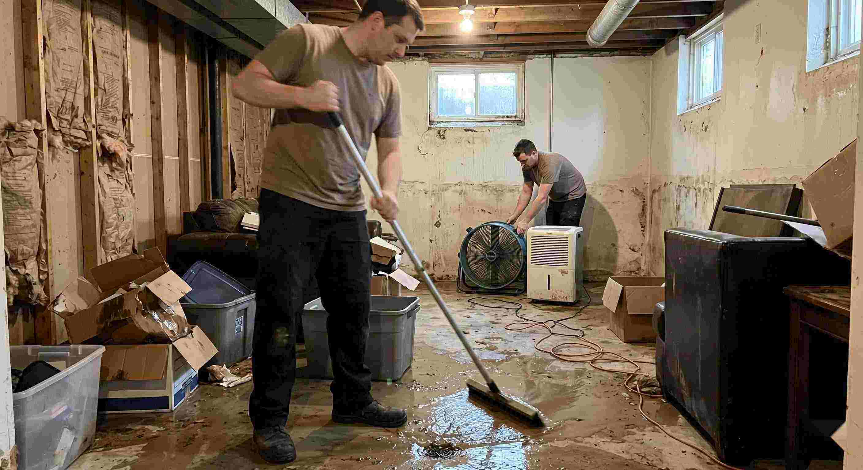 Local flood and storm damage cleanup in a residential basement with standing water removal and drying equipment in Frederick