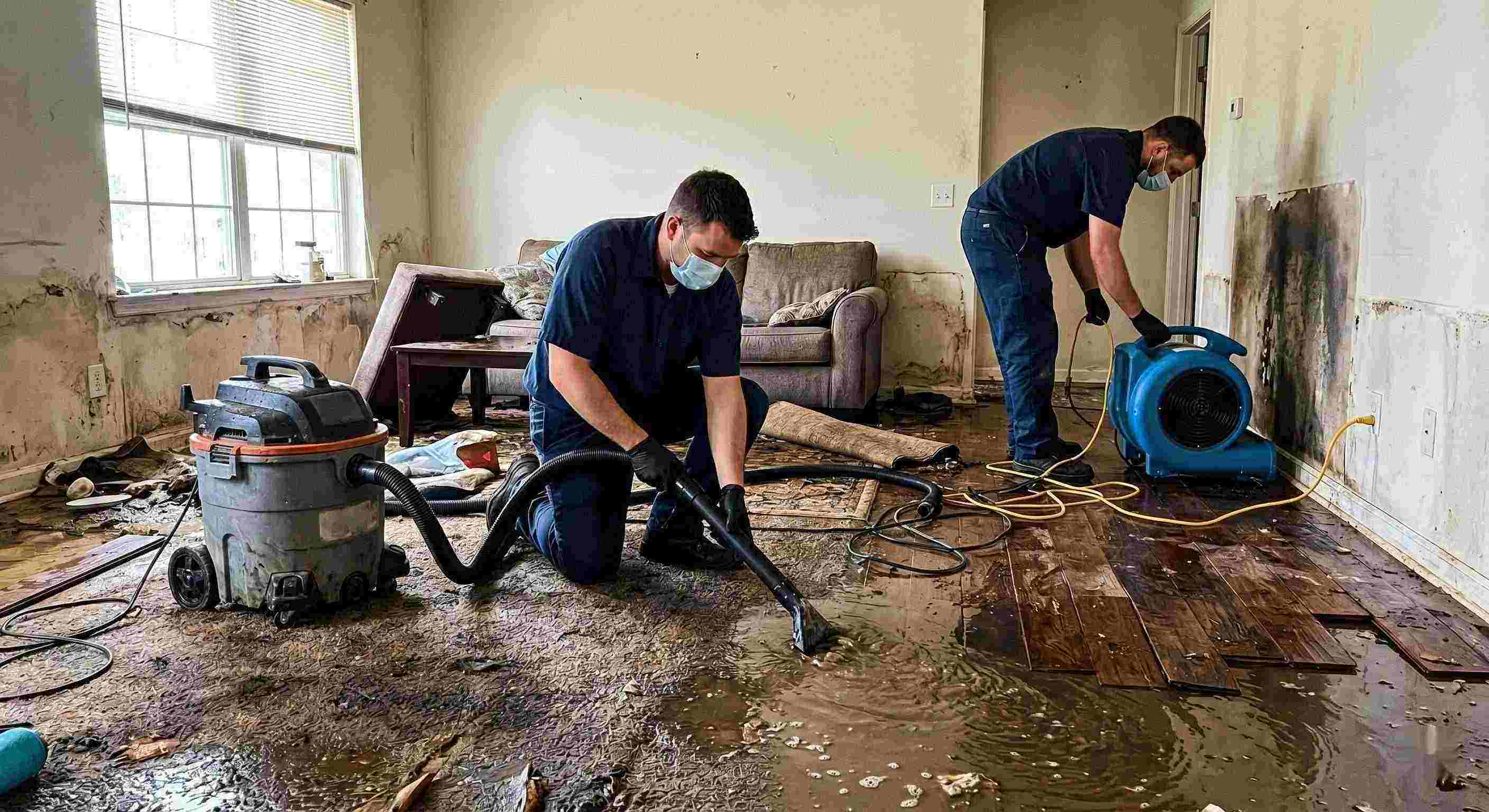 Flood water removal service in a residential home showing technicians extracting standing water and setting up drying equipment in Chesapeake