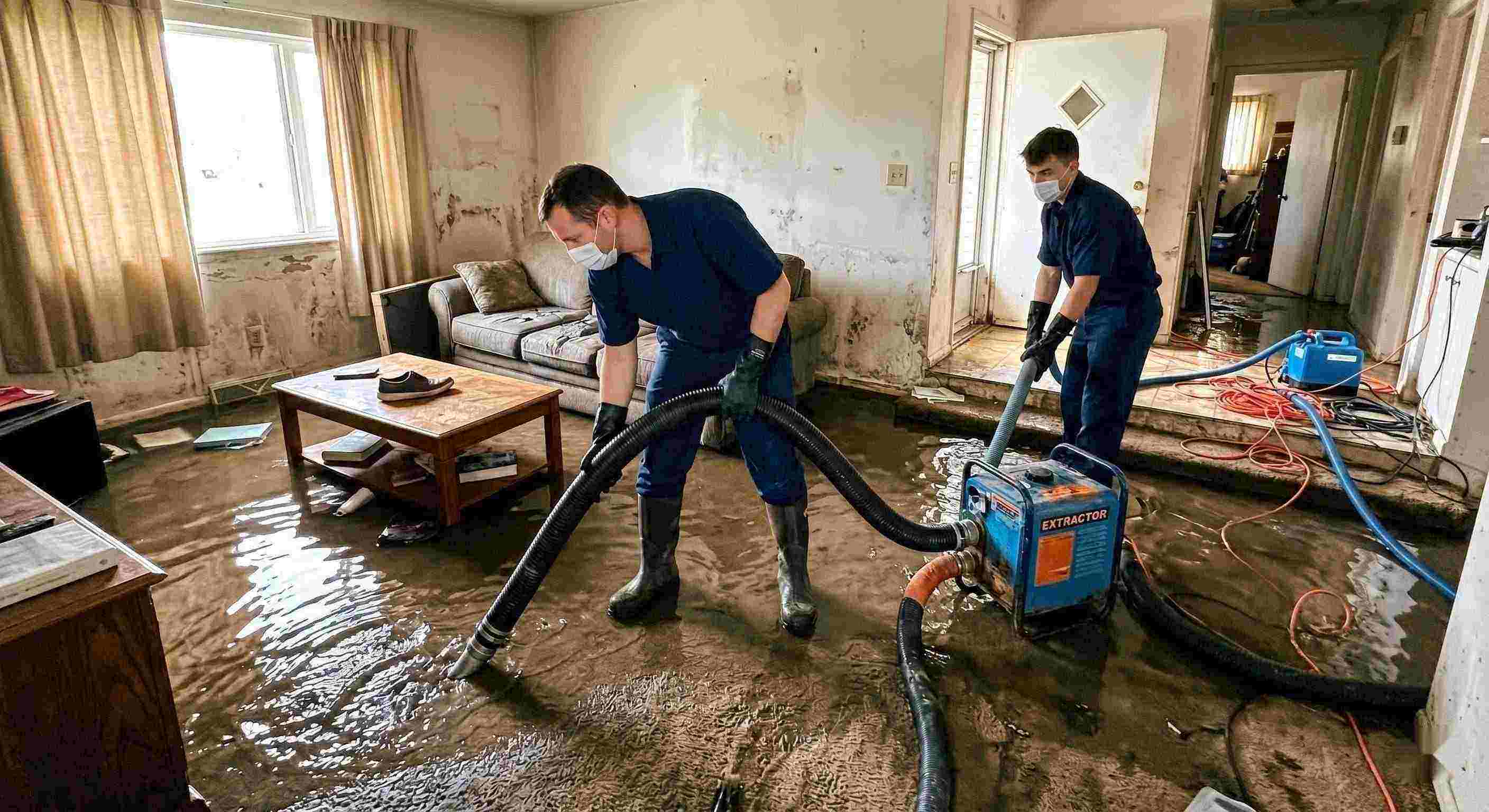 Realistic flood water removal inside a home with technicians using pumps and hoses to extract standing water during flood damage restoration in Chesapeake.