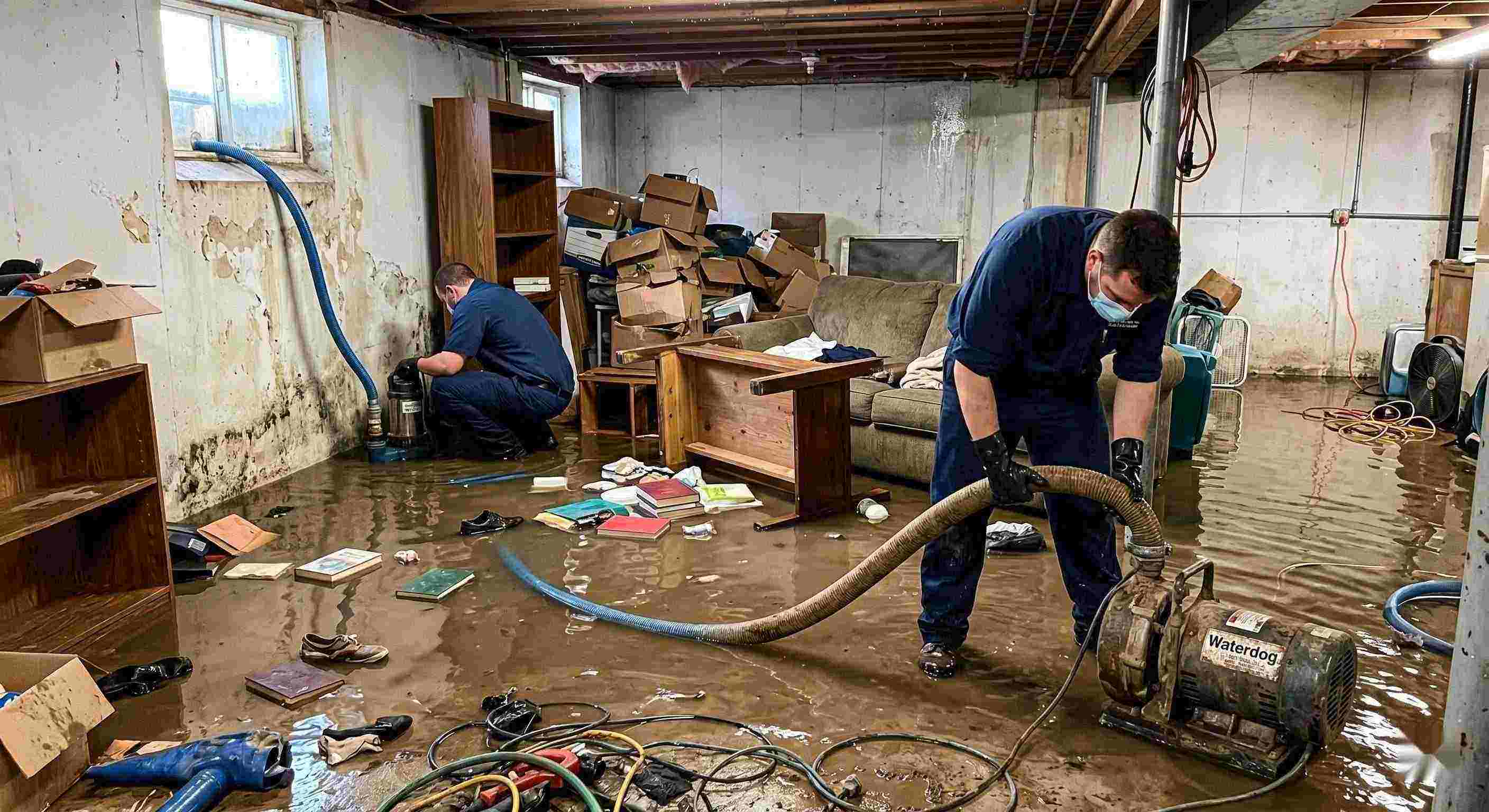 Realistic photo of a flooded basement cleanup with restoration technicians removing standing water in a home in Chesapeake