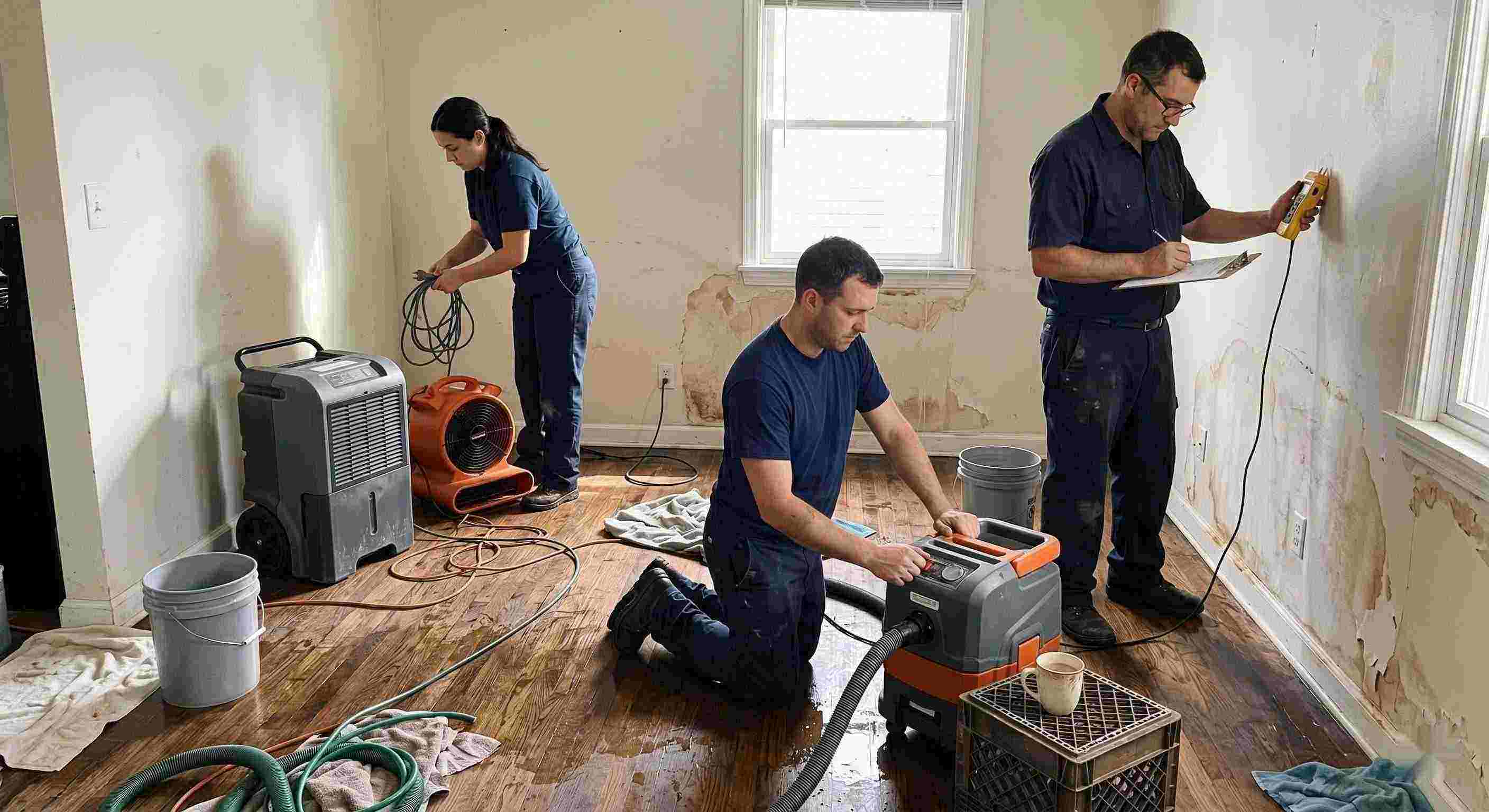Local leak damage restoration team working with professional equipment to repair water-damaged home in Chesapeake.