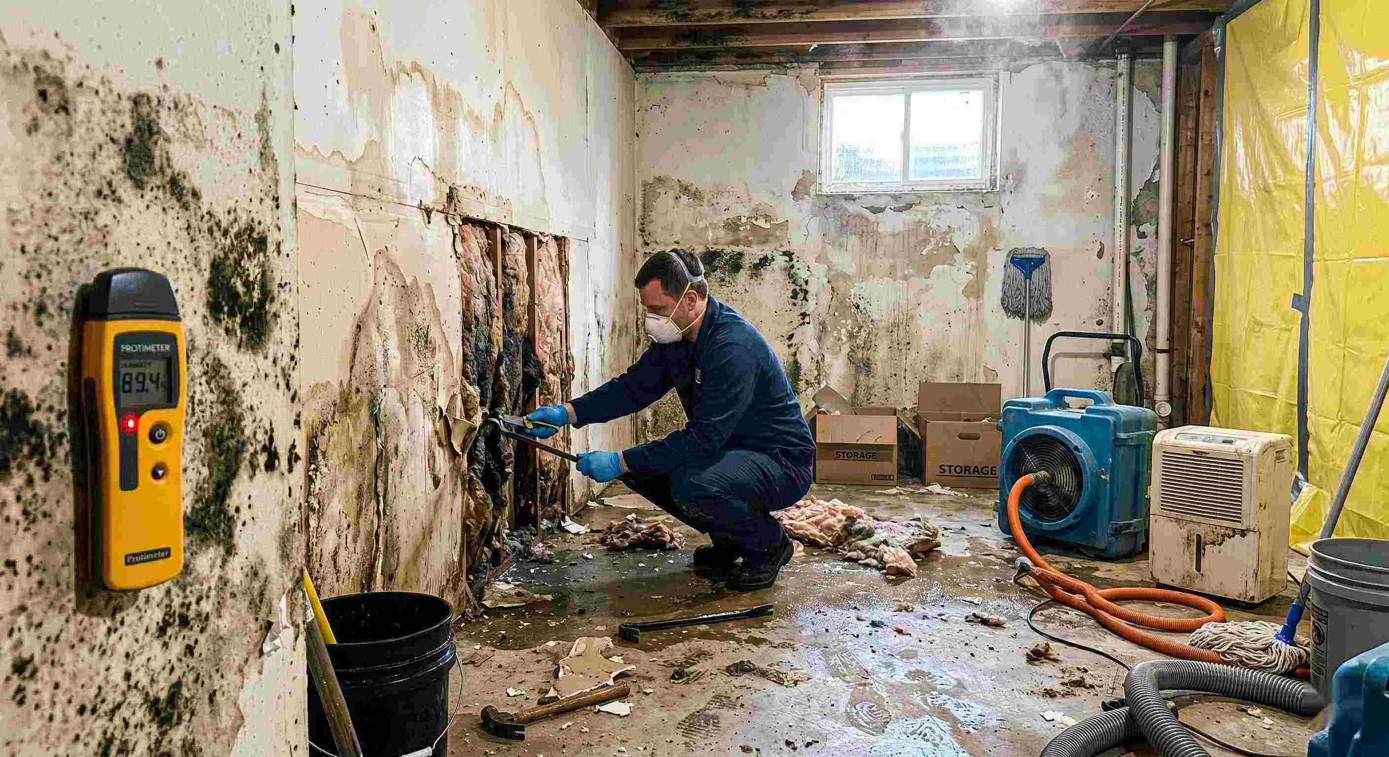 Professional mold after water damage cleanup in a residential home, showing a technician removing water-damaged drywall and treating mold in a damp basement in Chesapeake.