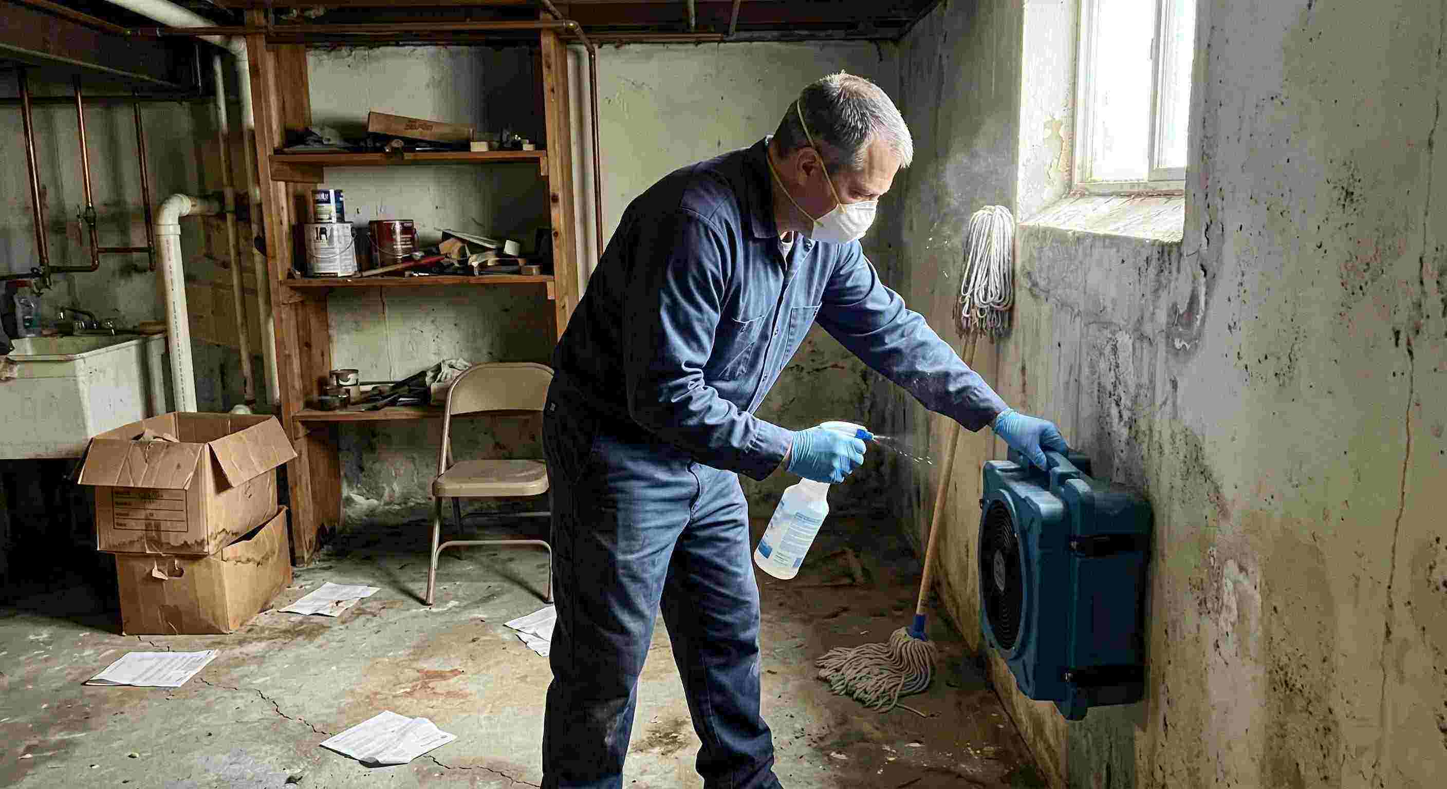 Technician performing mold odor removal in a basement, using HEPA air scrubber and antimicrobial spray, preventing mold growth in a Chesapeake home.