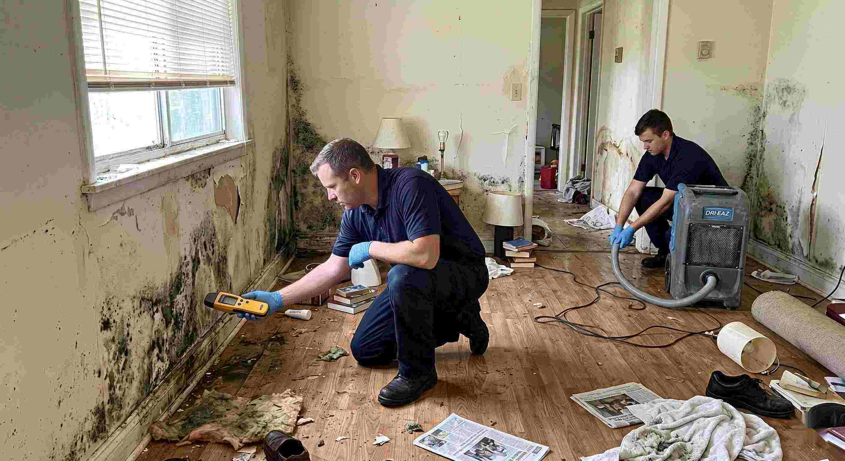 Realistic photo showing mold damage and water-affected walls in a home during mold remediation in Chesapeake, with technicians inspecting and controlling moisture.