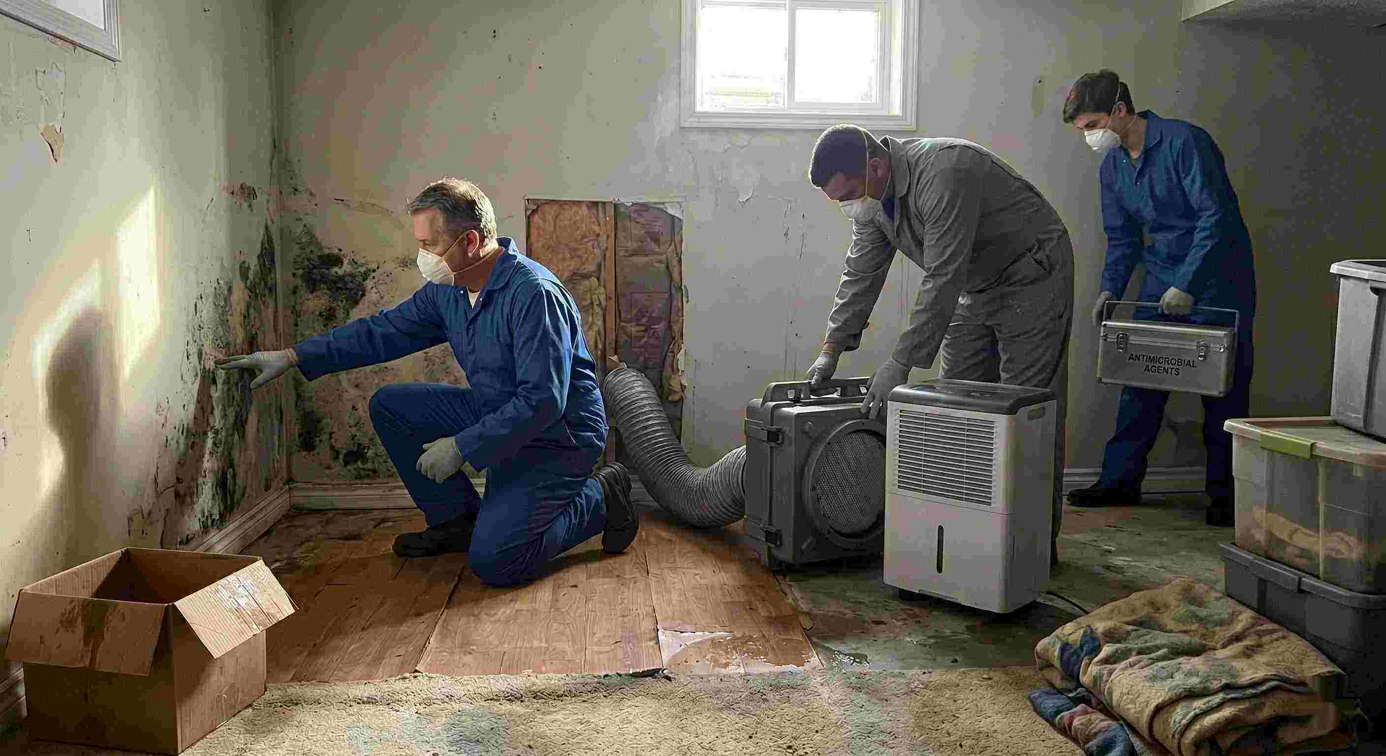 Residential mold remediation team performing inspection and cleanup with dehumidifiers and HEPA filters, showing professional team and equipment in a Chesapeake home.