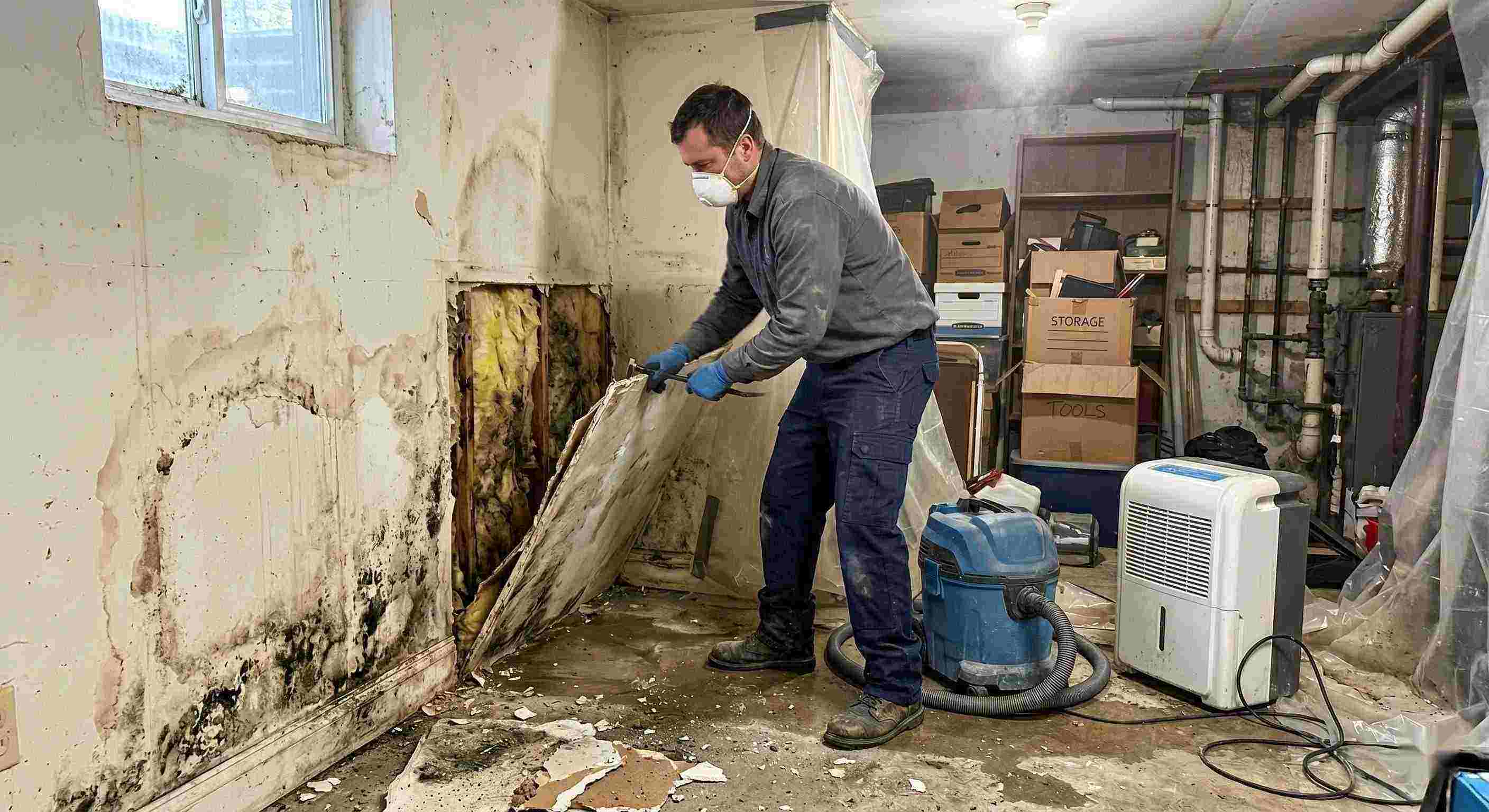 Action shot of a mold remediation technician removing damaged drywall and treating mold in a home basement in Chesapeake, showing realistic textures, dust, and water damage.