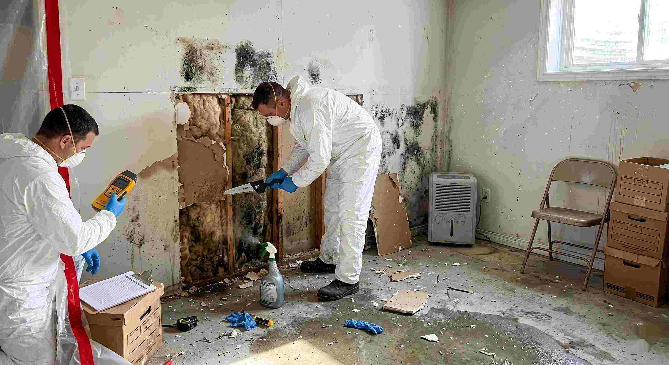 Professional mold removal service in a residential home, showing technicians removing black mold and moisture-damaged drywall in Chesapeake.