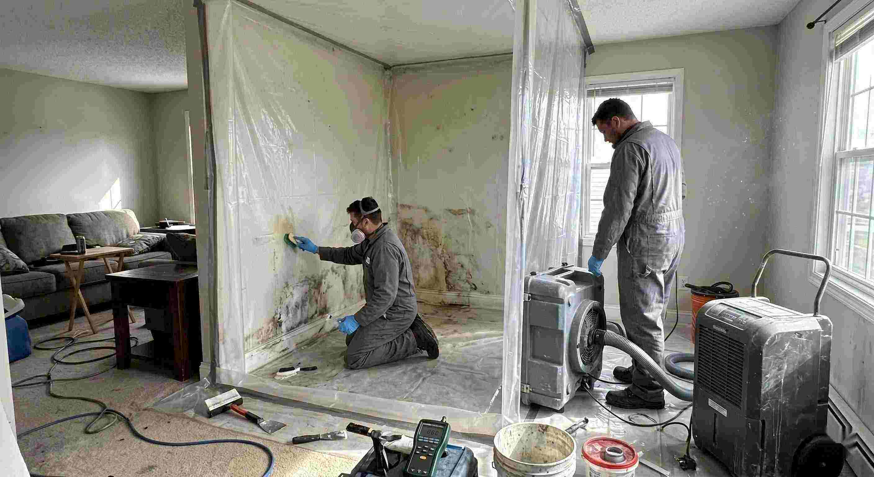 Technicians performing indoor mold removal in a residential home in Chesapeake, isolating damp areas and using HEPA air scrubbers and dehumidifiers.