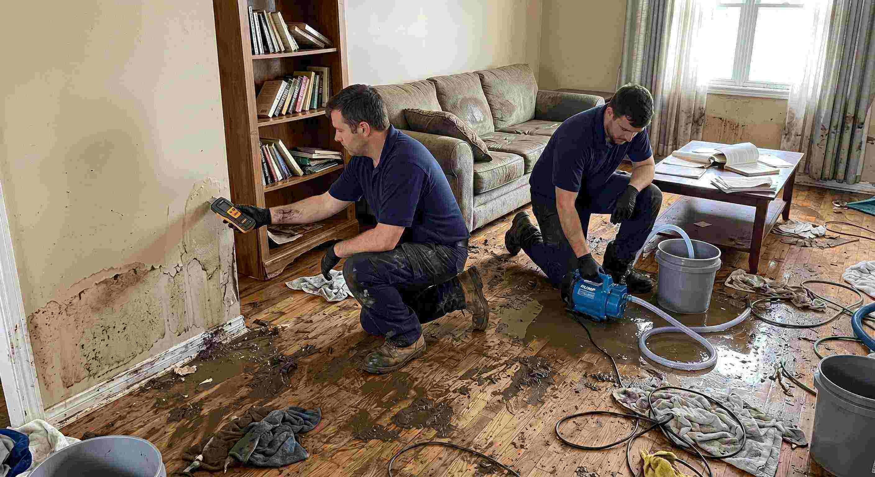 Realistic photo of a technician performing mud and debris removal after flooding in a home in Chesapeake, showing soaked floors, water-damaged furniture, and scattered cleaning equipment.