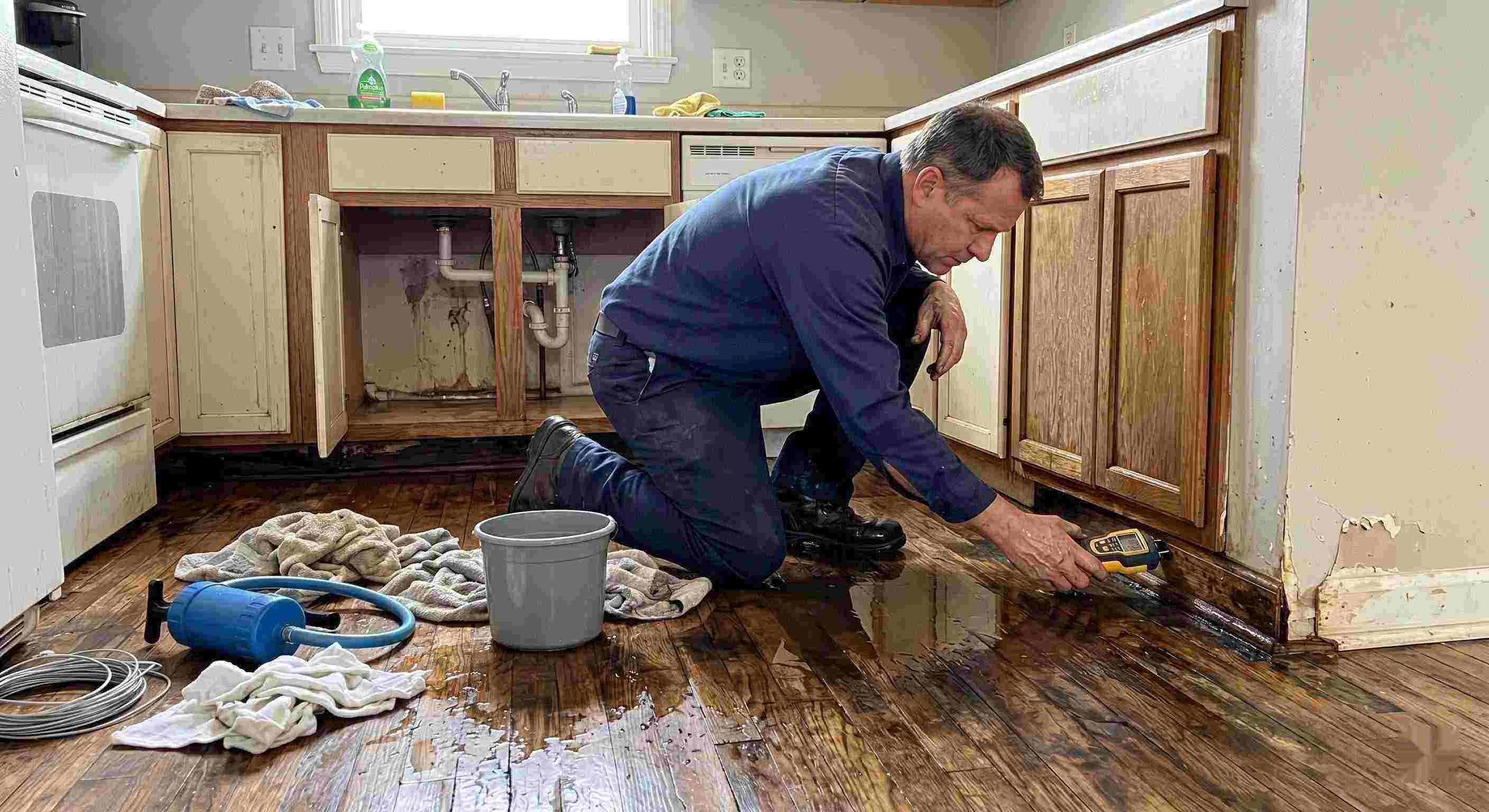 Technician performing pipe leak cleanup in a residential home in Chesapeake, inspecting water-damaged flooring and cabinets.