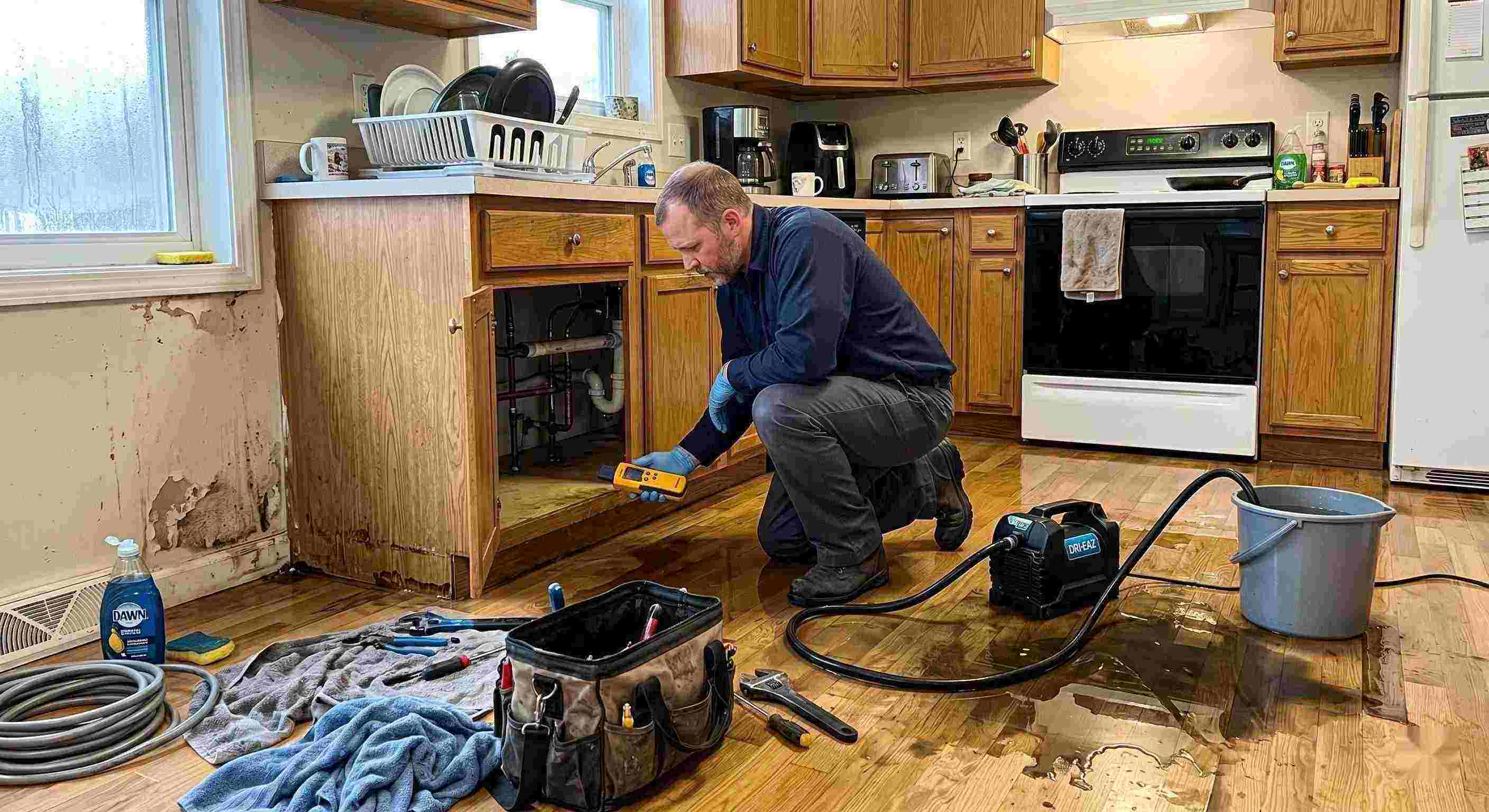 Pipe leak cleanup service in a residential kitchen showing water damage and a technician actively restoring the area in Chesapeake.