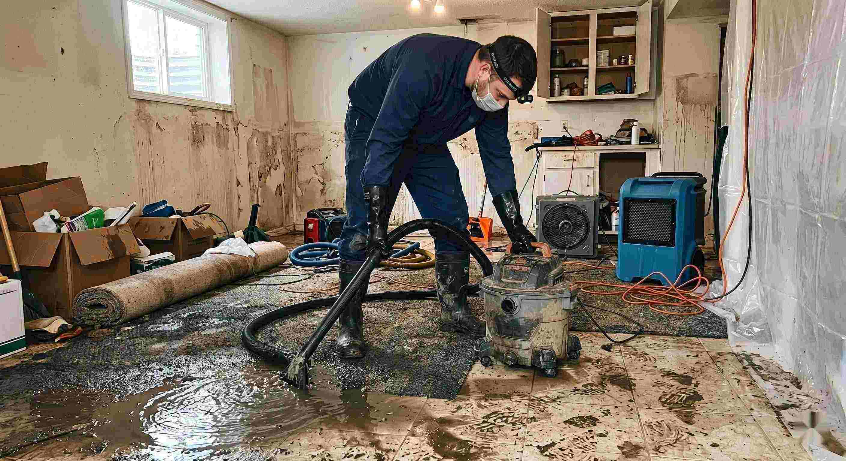 Action shot of a technician performing sewage backup cleanup in a residential home, showing water extraction and sanitation processes in Chesapeake.