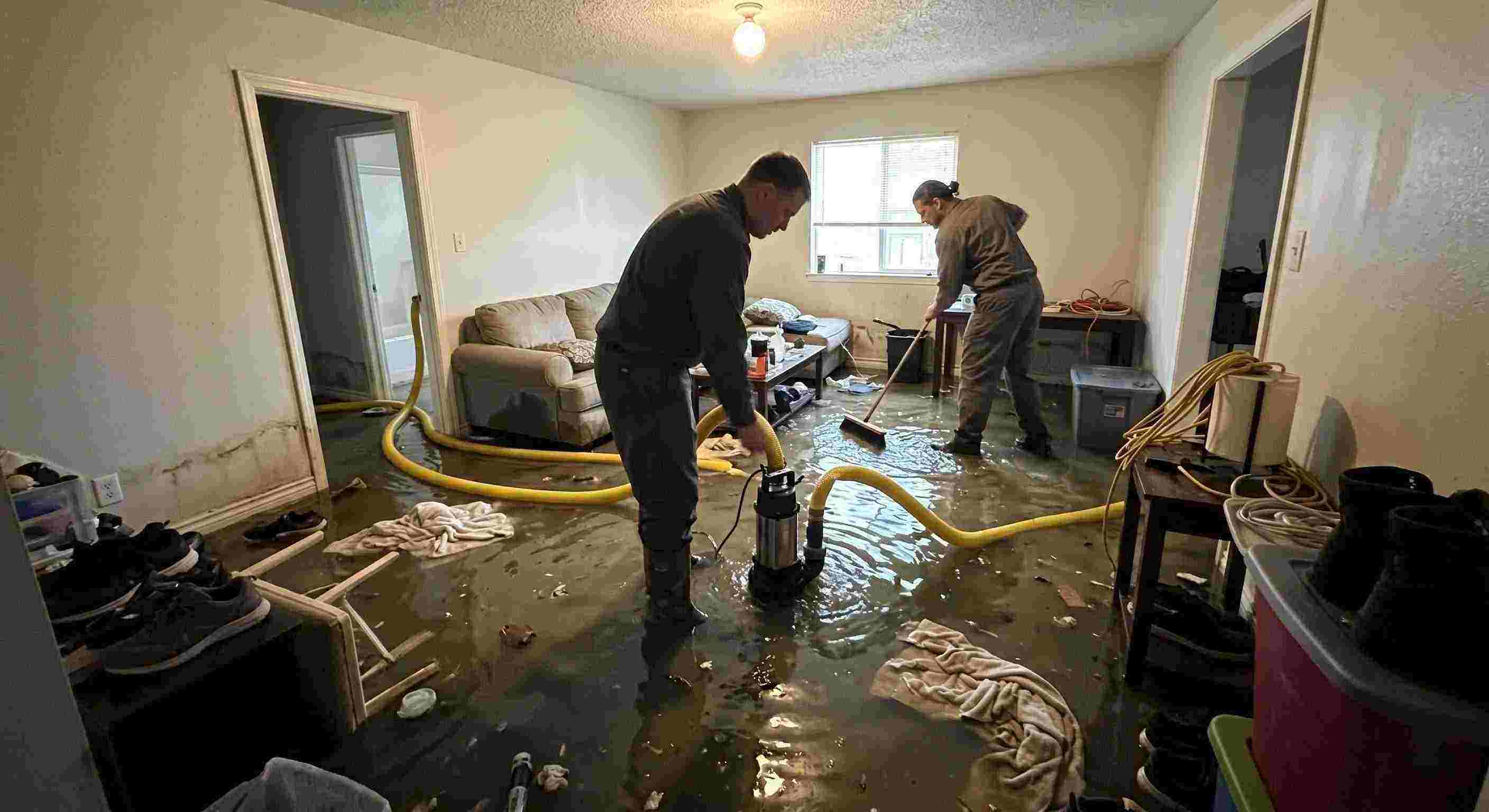 High volume residential pump-out services removing flood water with submersible pumps in Chesapeake