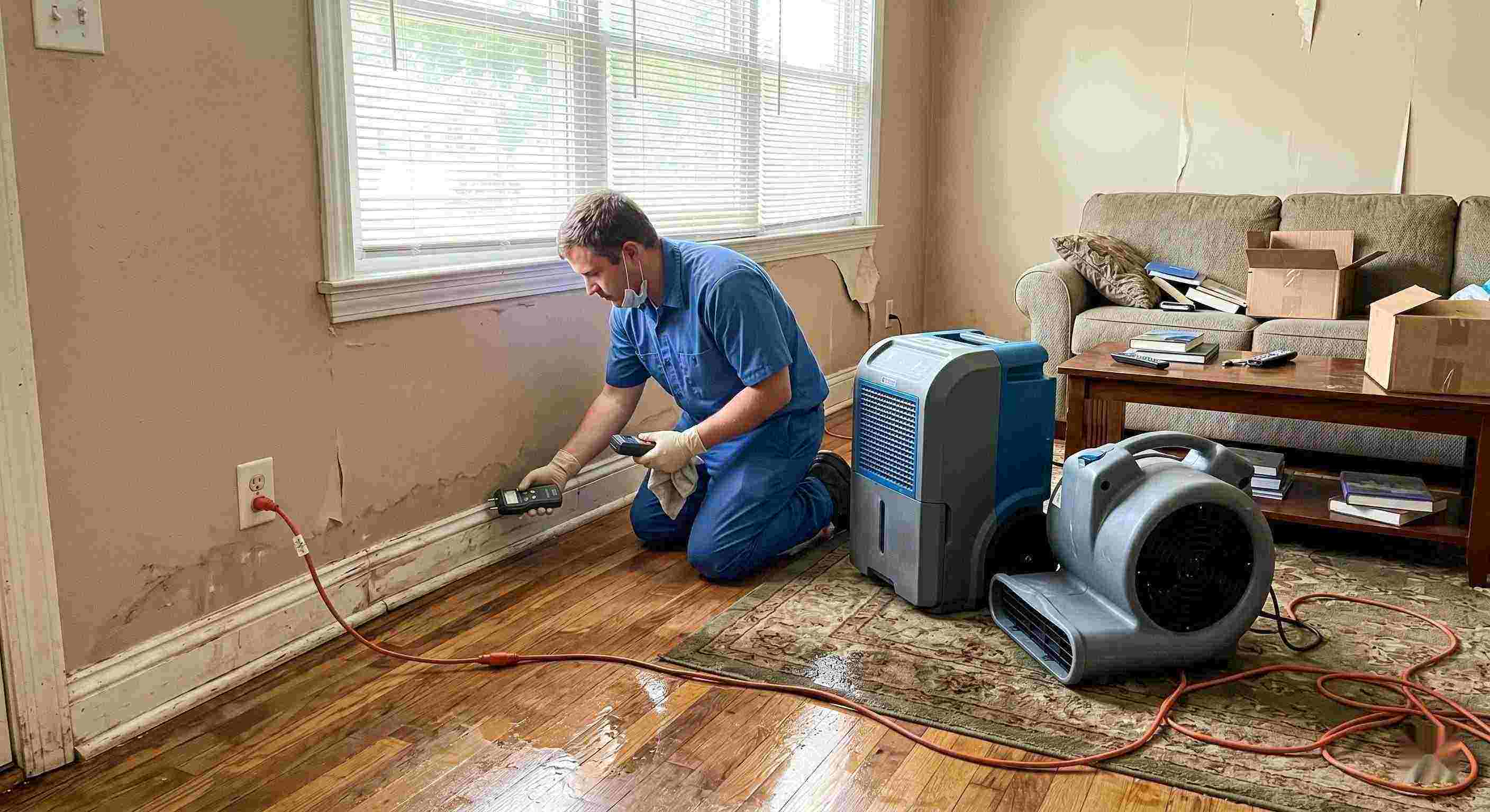 Technician performing rainwater intrusion cleanup in a flooded home in Chesapeake, showing wet floors, damp walls, and dehumidifiers in use.