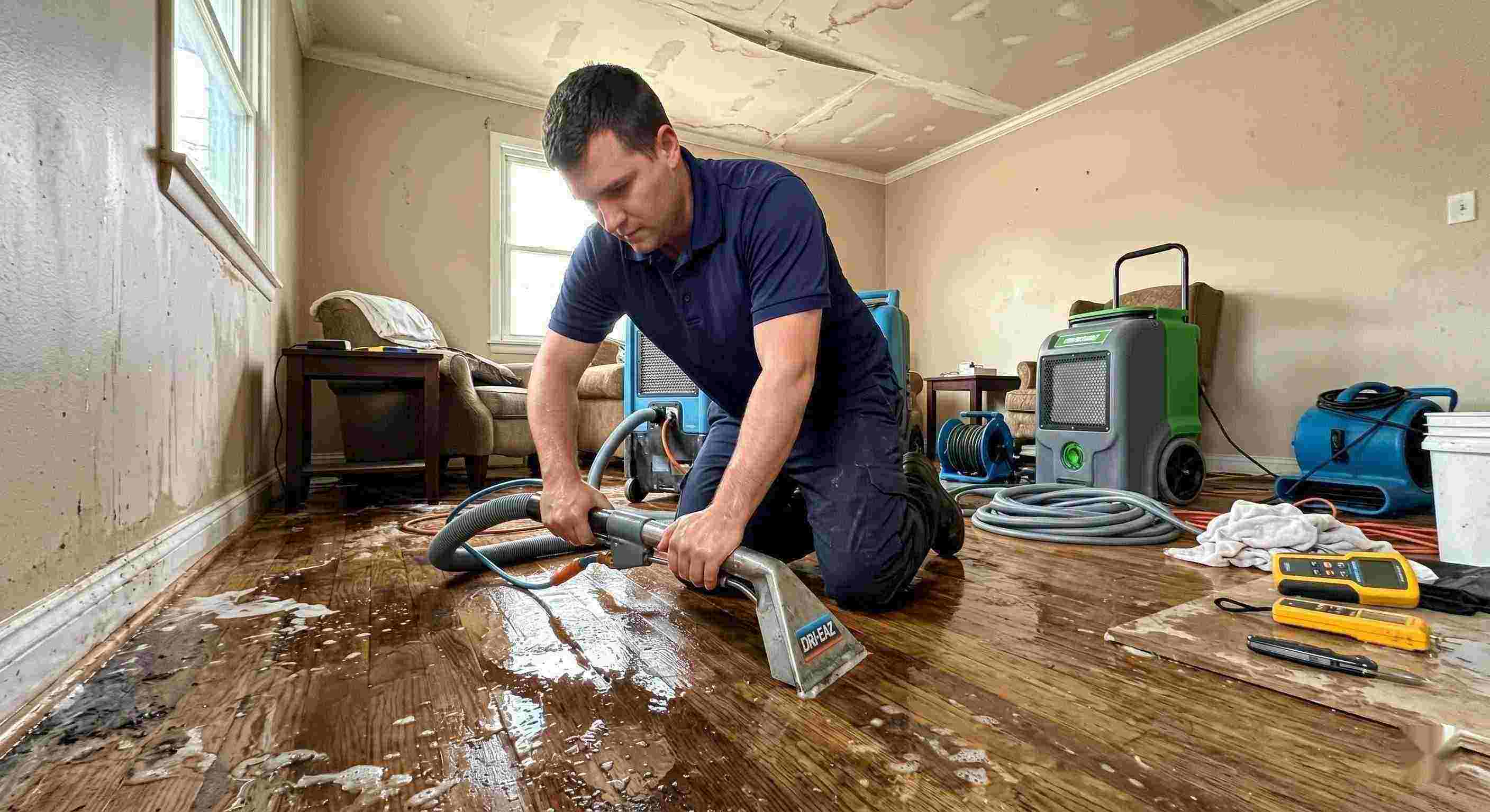 Action shot of a leak damage restoration technician performing water extraction and drying in a home in Chesapeake, showing realistic water damage and cleanup process.