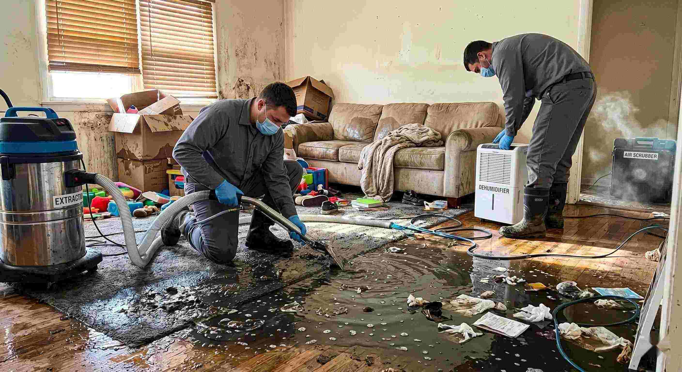 Realistic image of a residential sewage backup cleanup in progress, with technicians removing contaminated water and using drying equipment in a home in Chesapeake.