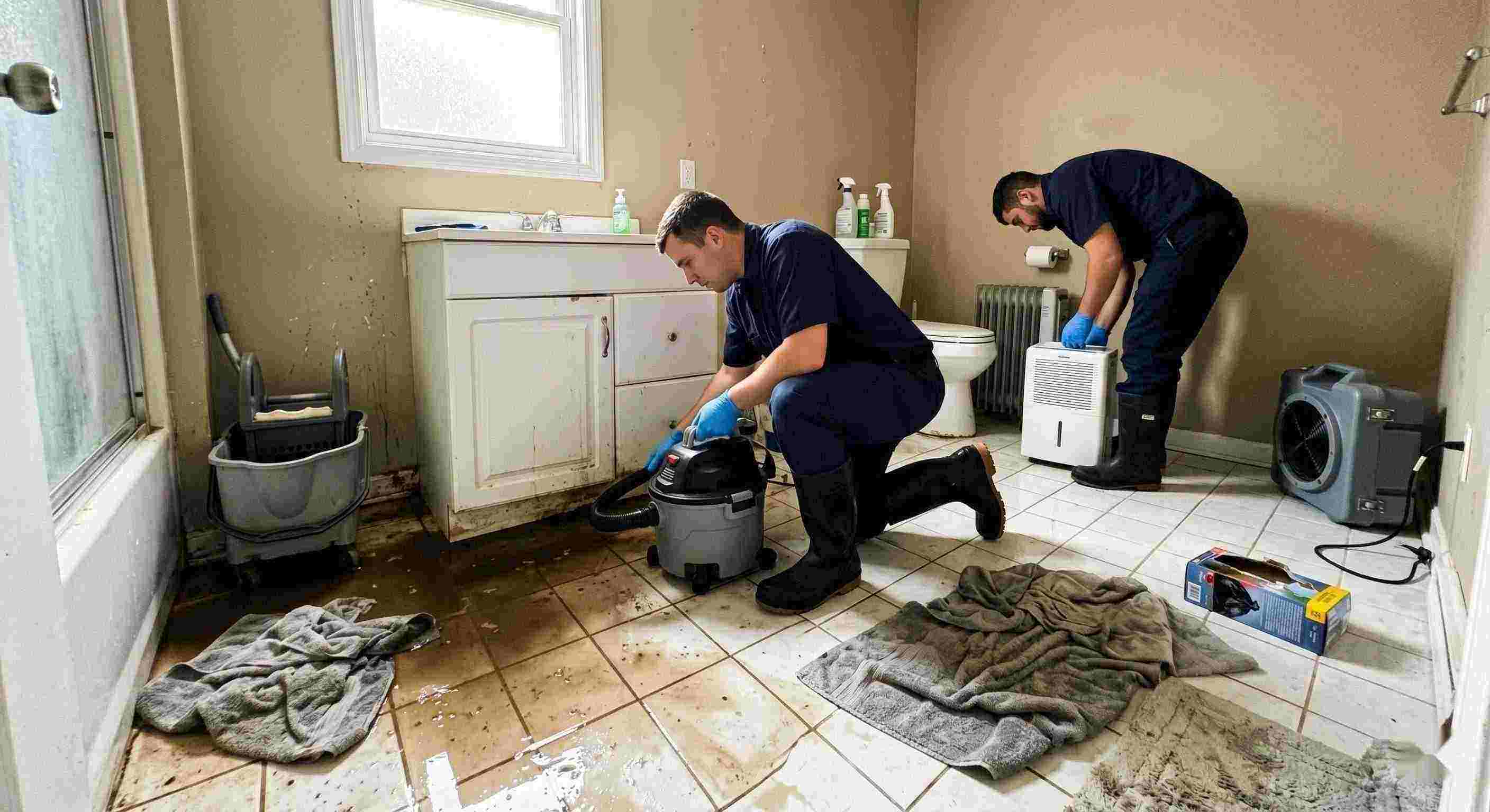 Realistic sewage backup cleanup in a home bathroom, technician extracting contaminated water during emergency sewage cleanup in Chesapeake