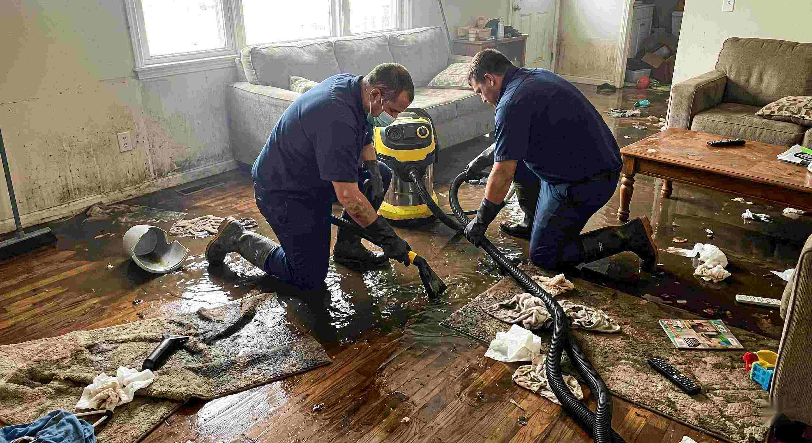 Realistic scene of sewage backup cleanup in a home showing technicians removing contaminated water in Chesapeake.