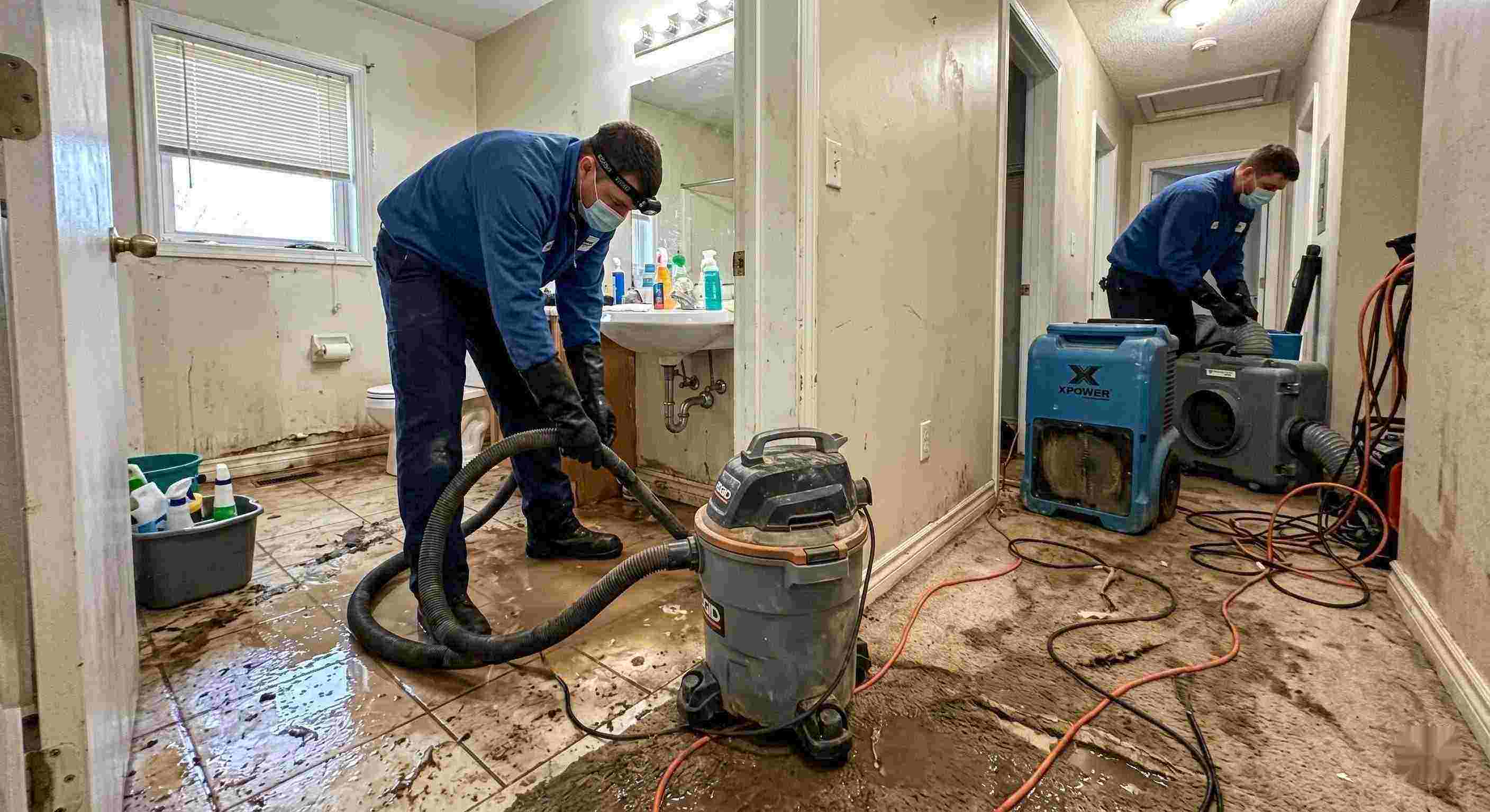Sewage backup cleanup in a home with technicians removing contaminated water and drying surfaces in Chesapeake