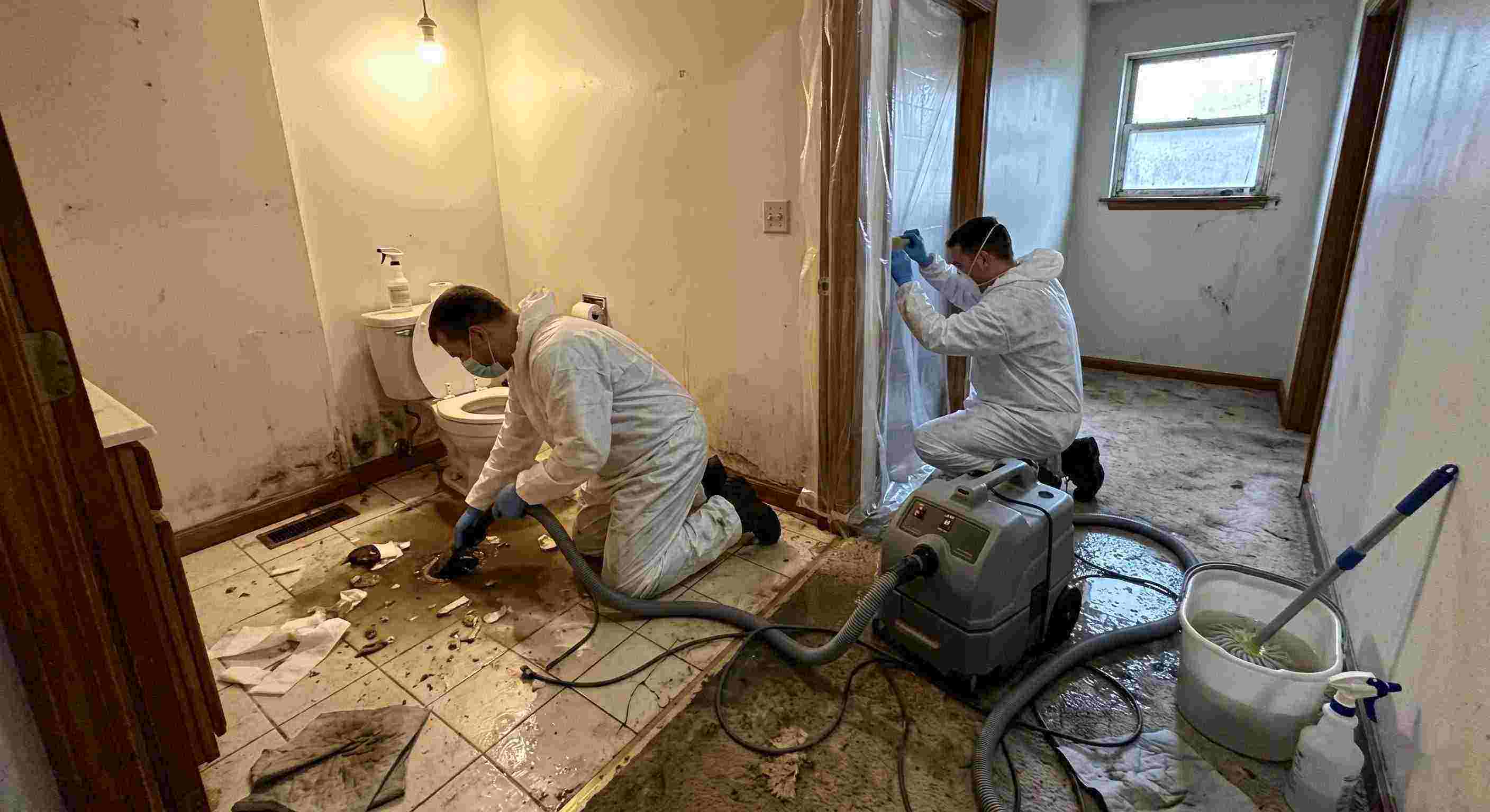Reliable sewage backup cleanup technicians removing contaminated water inside home in Frederick