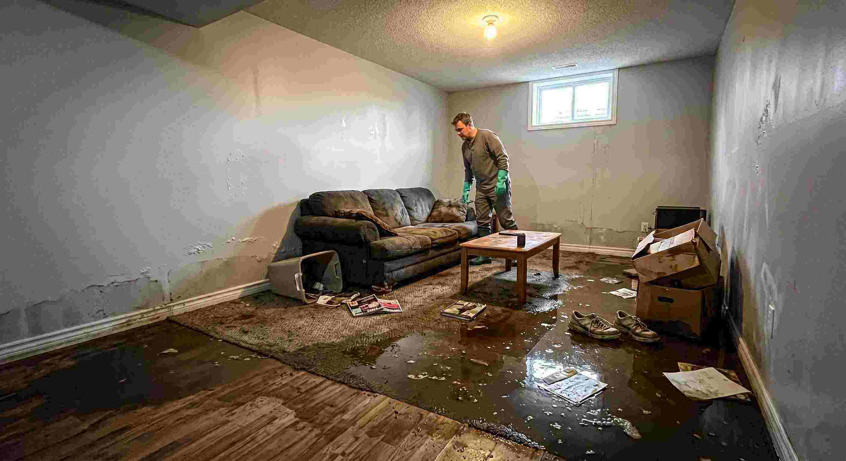 severe sewage backup damage spreading across basement floors and walls in Chesapeake home