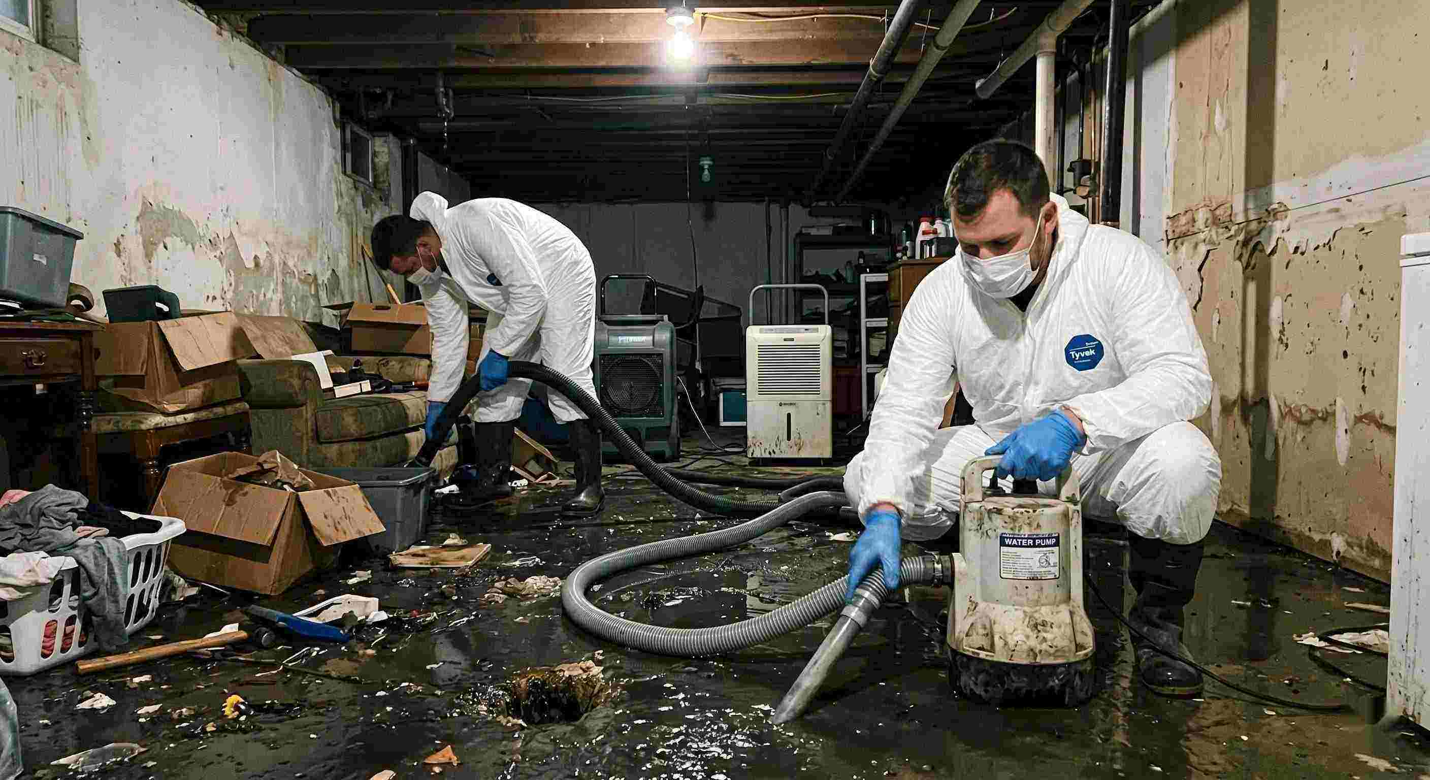 sewer backup cleanup technicians removing contaminated water from flooded basement in Chesapeake