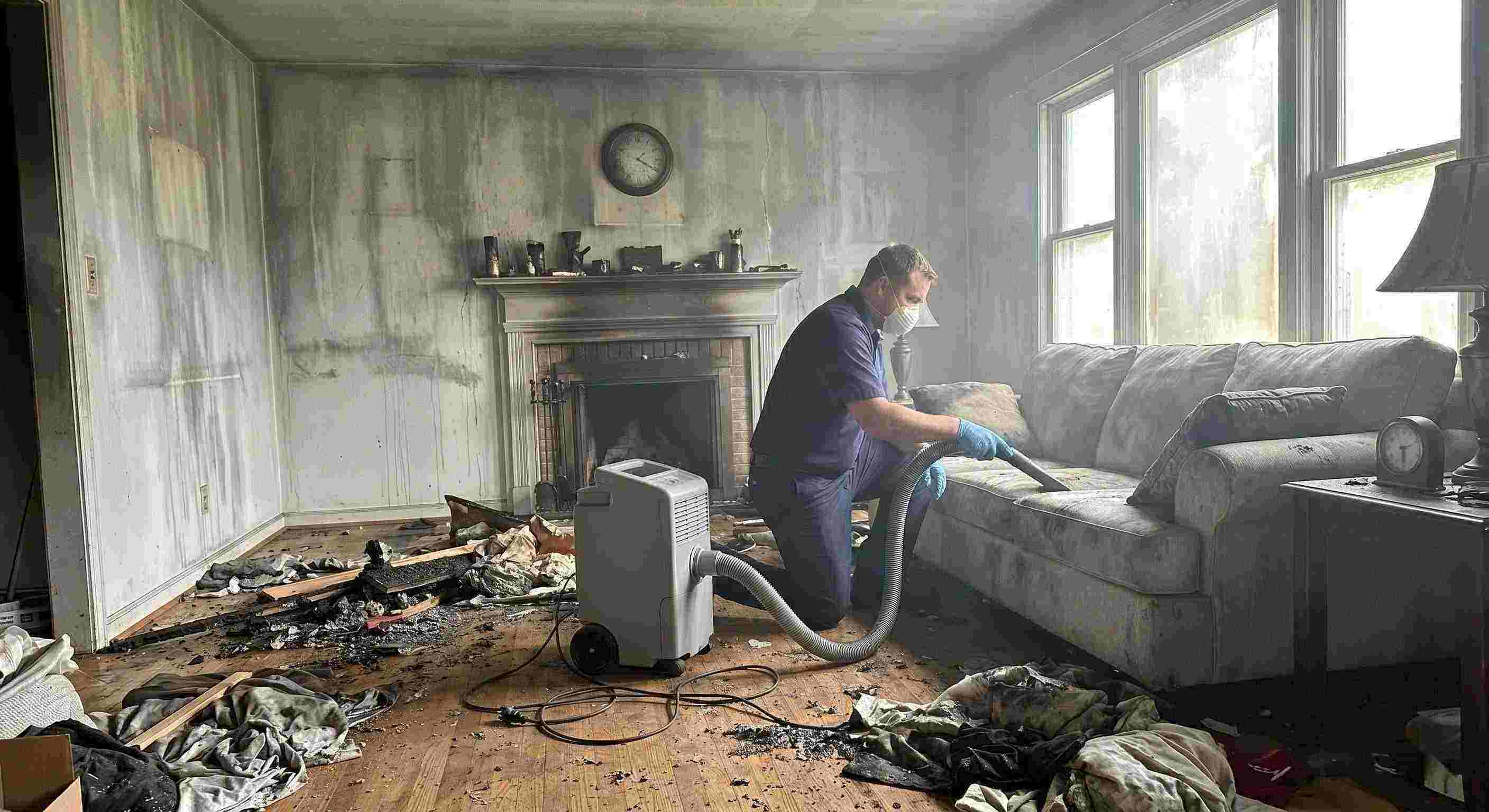 Realistic post-fire smoke damage removal in a home with soot-covered walls and debris being cleaned by a technician in Chesapeake.