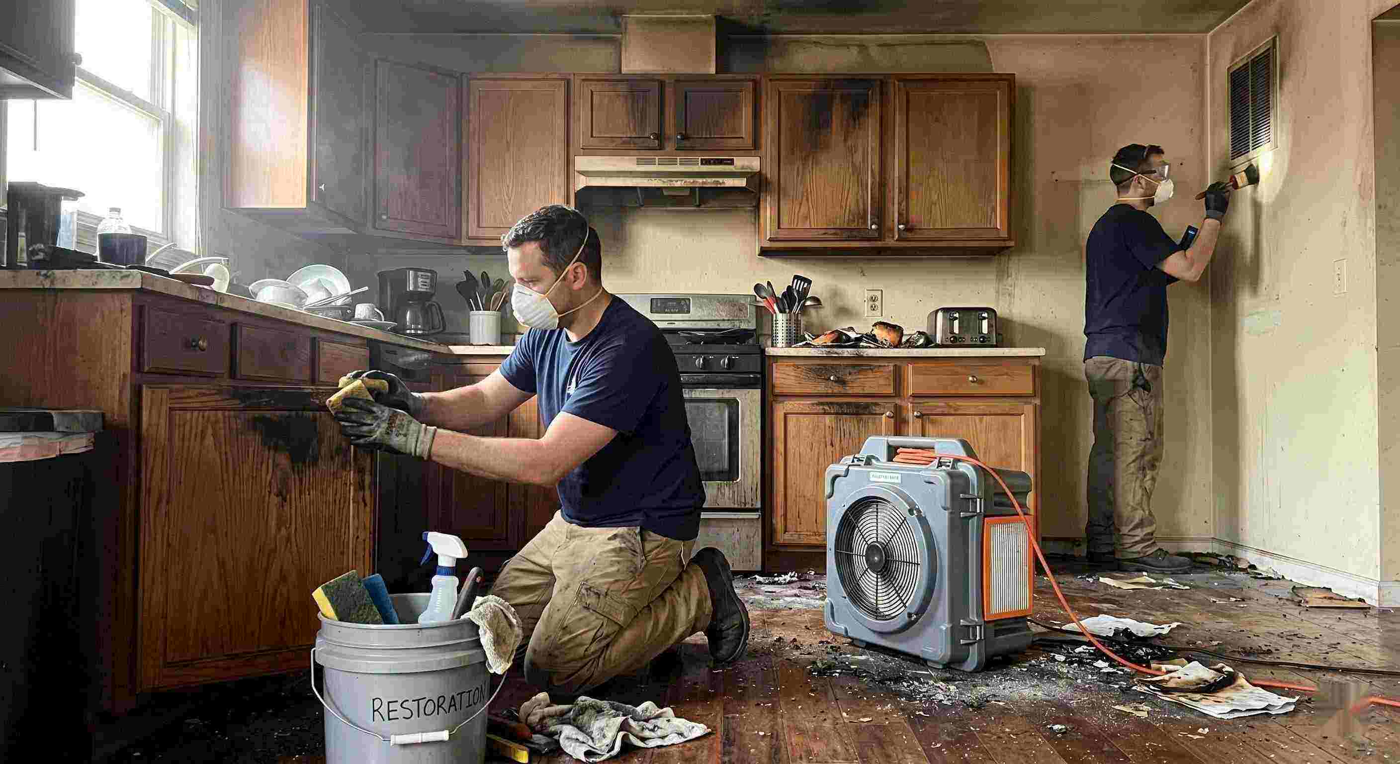 Technicians performing smoke damage removal in a home in Chesapeake after a kitchen fire, cleaning soot and restoring indoor air quality.